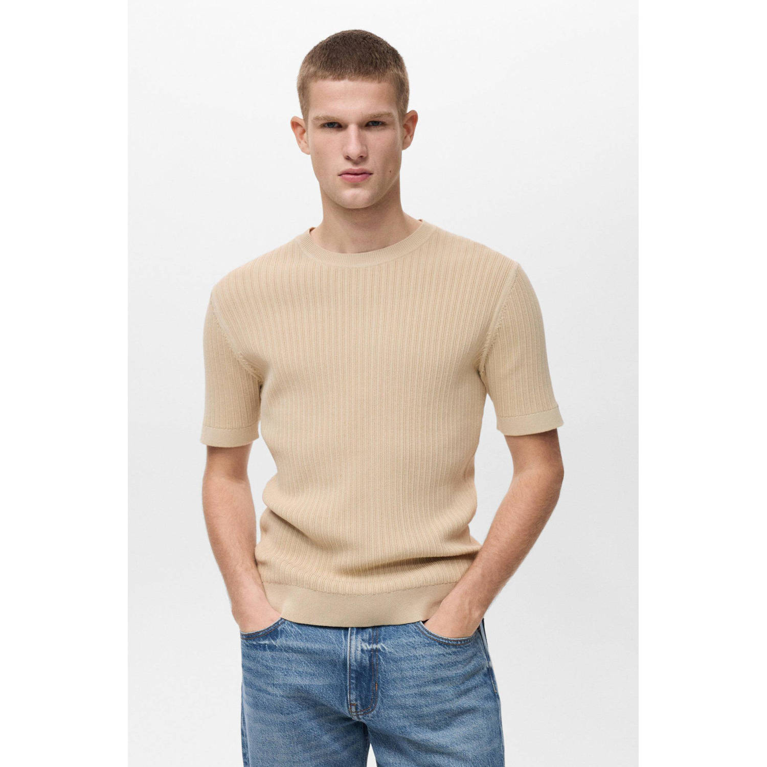 Mango Man T-shirt gebreid beige