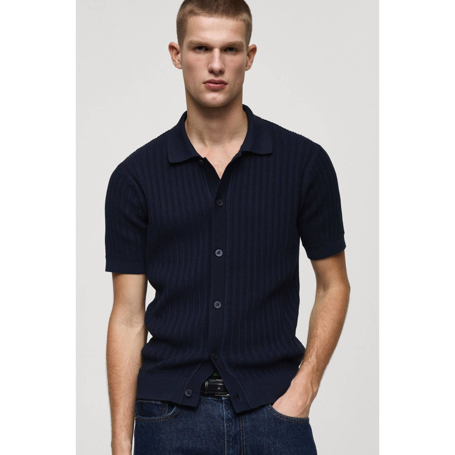 Mango Man casual overhemd gebreid donkerblauw