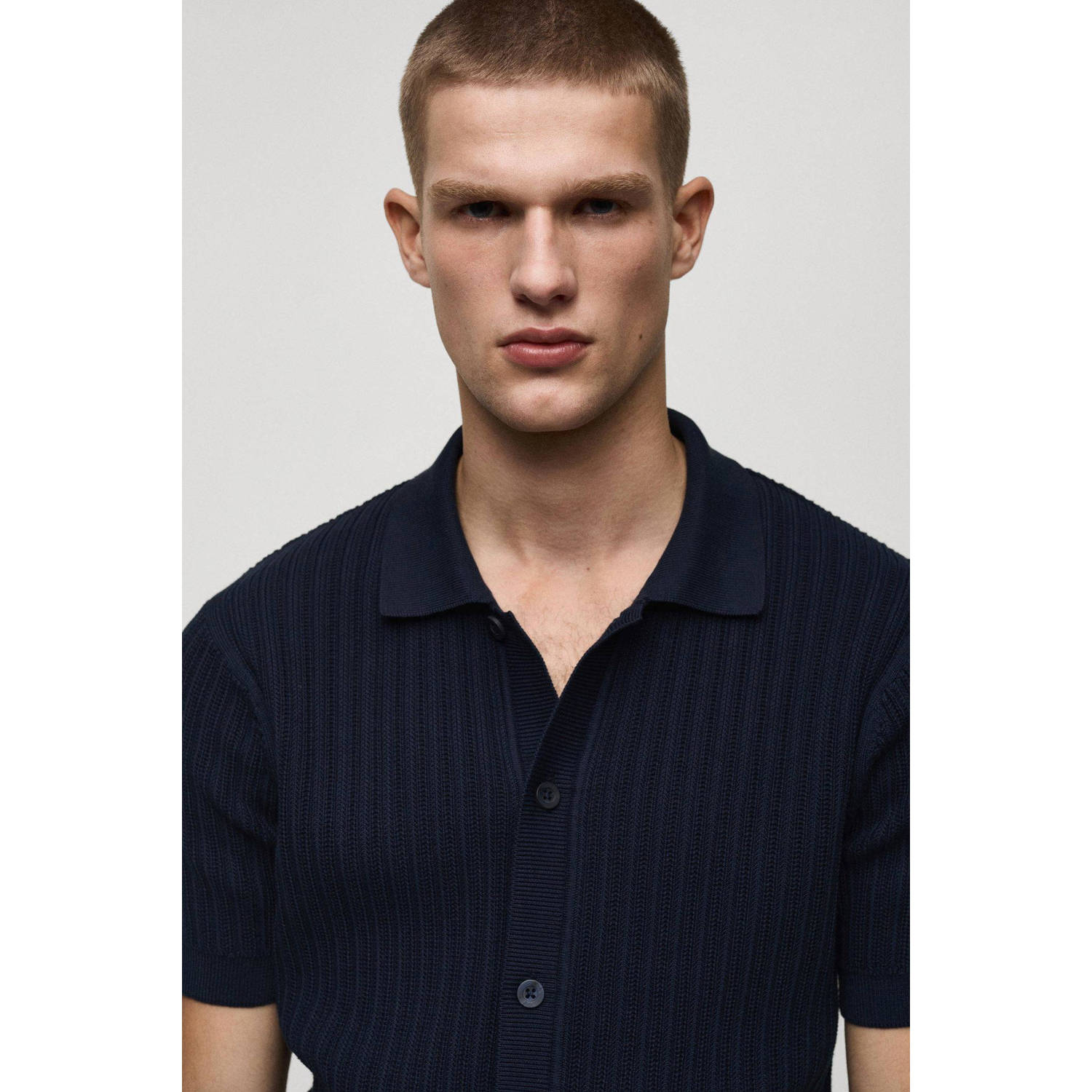 Mango Man casual overhemd gebreid donkerblauw
