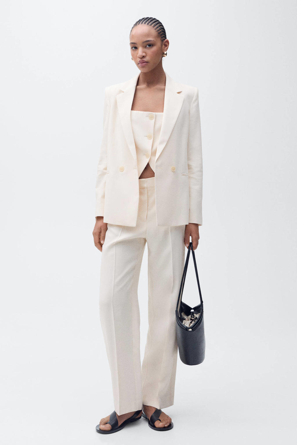 Ecru dames Mango regular blazer van viscose met effen, lange mouwen, reverskraag en knoopsluiting