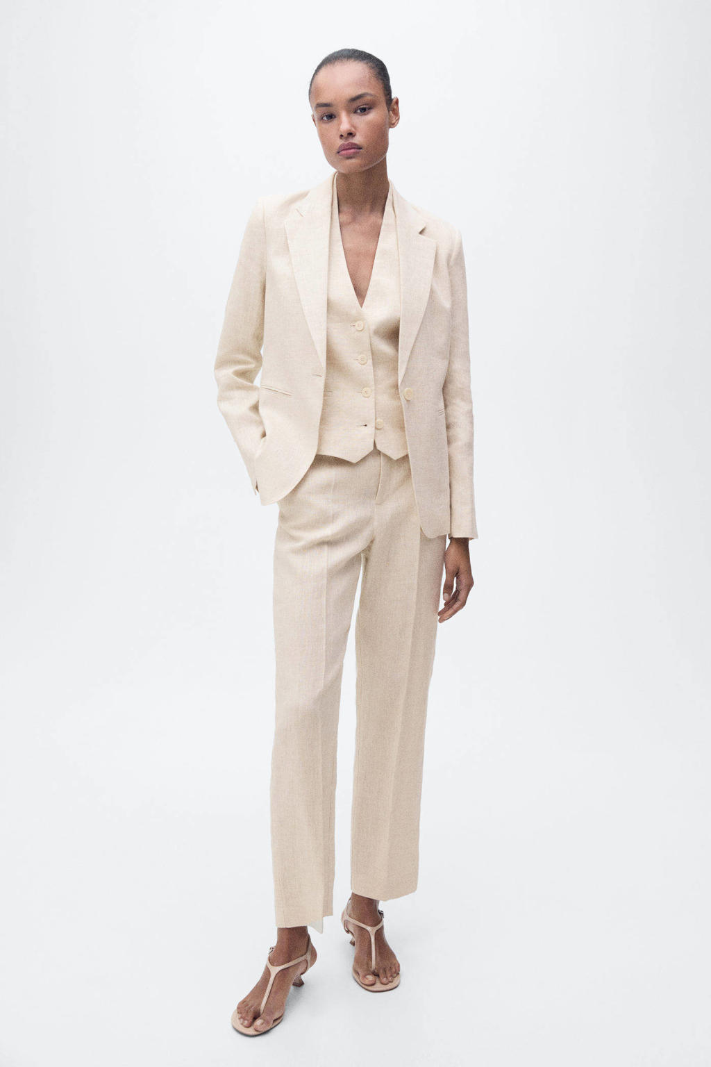 Beige dames Mango regular blazer van linnen met melée print, lange mouwen, reverskraag en knoopsluiting