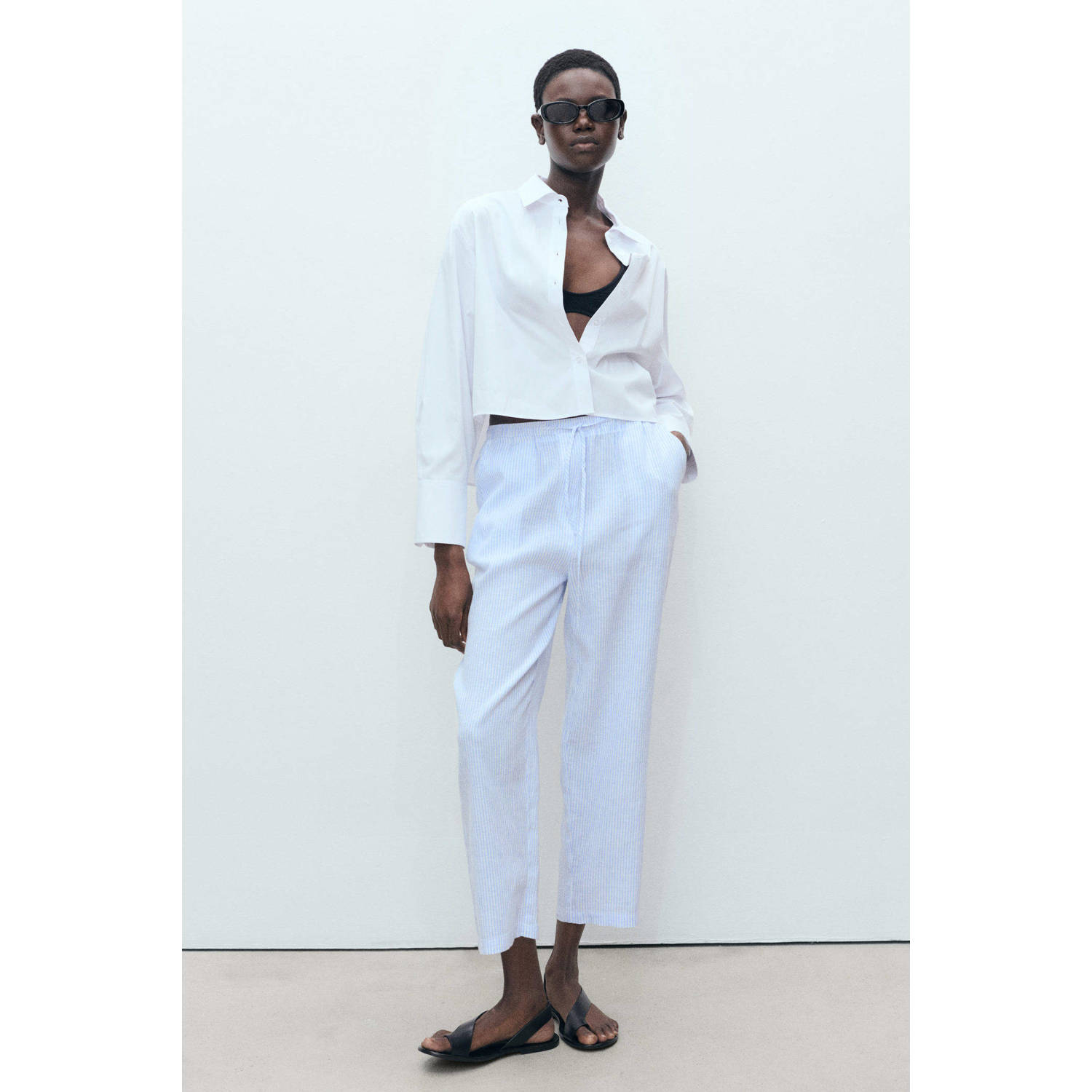 Mango linnen straight regular waist broek lichtblauw