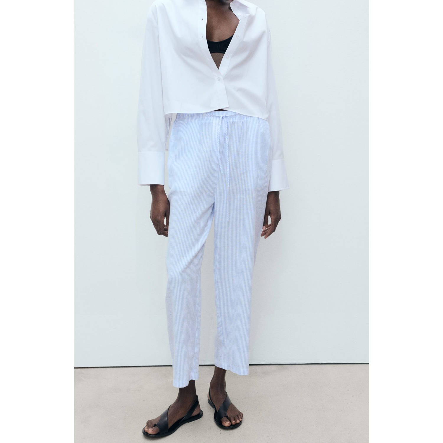 Mango linnen straight regular waist broek lichtblauw