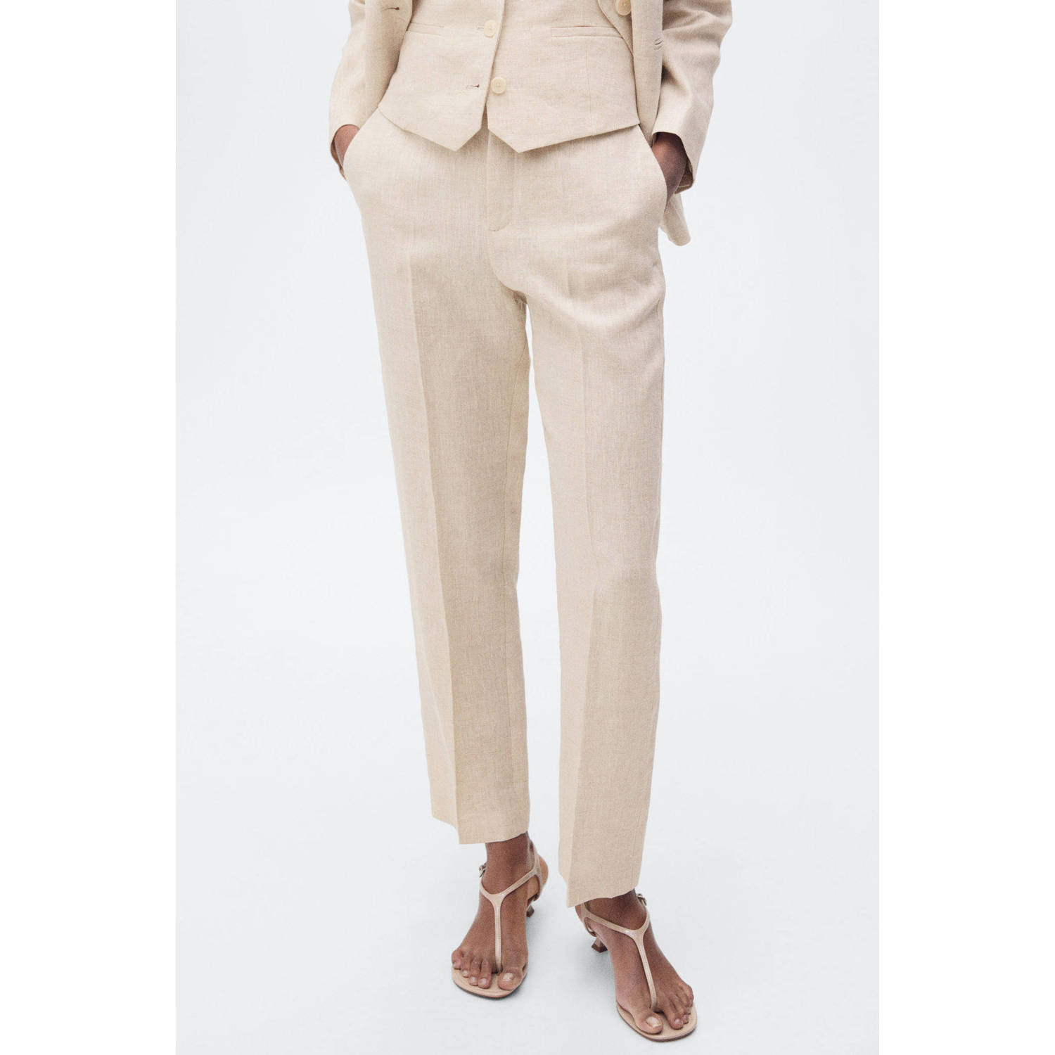 Mango linnen straight regular waist pantalon beige