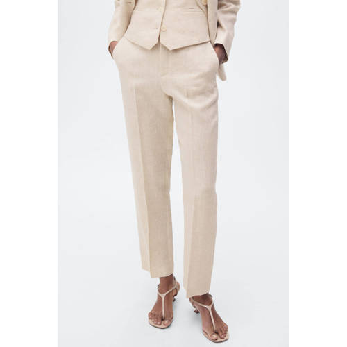 Mango linnen straight regular waist pantalon beige afbeelding