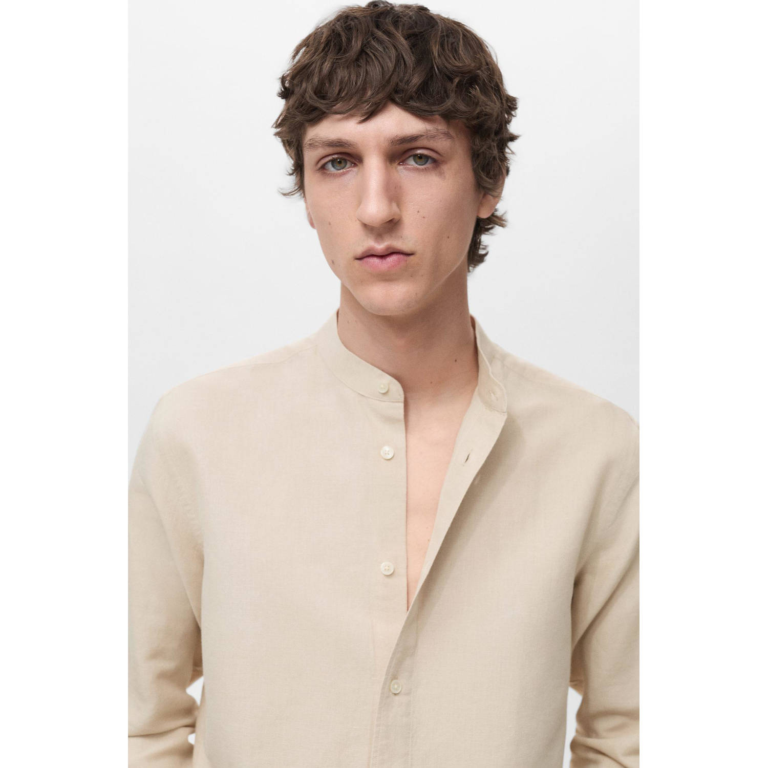 Mango Man linnen casual overhemd beige