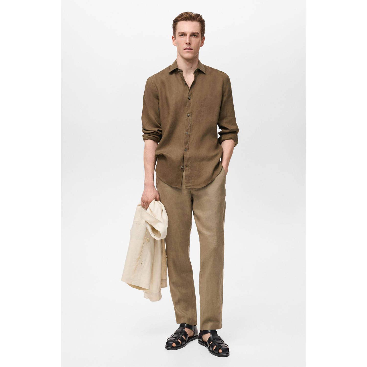 Mango Man linnen casual overhemd kaki