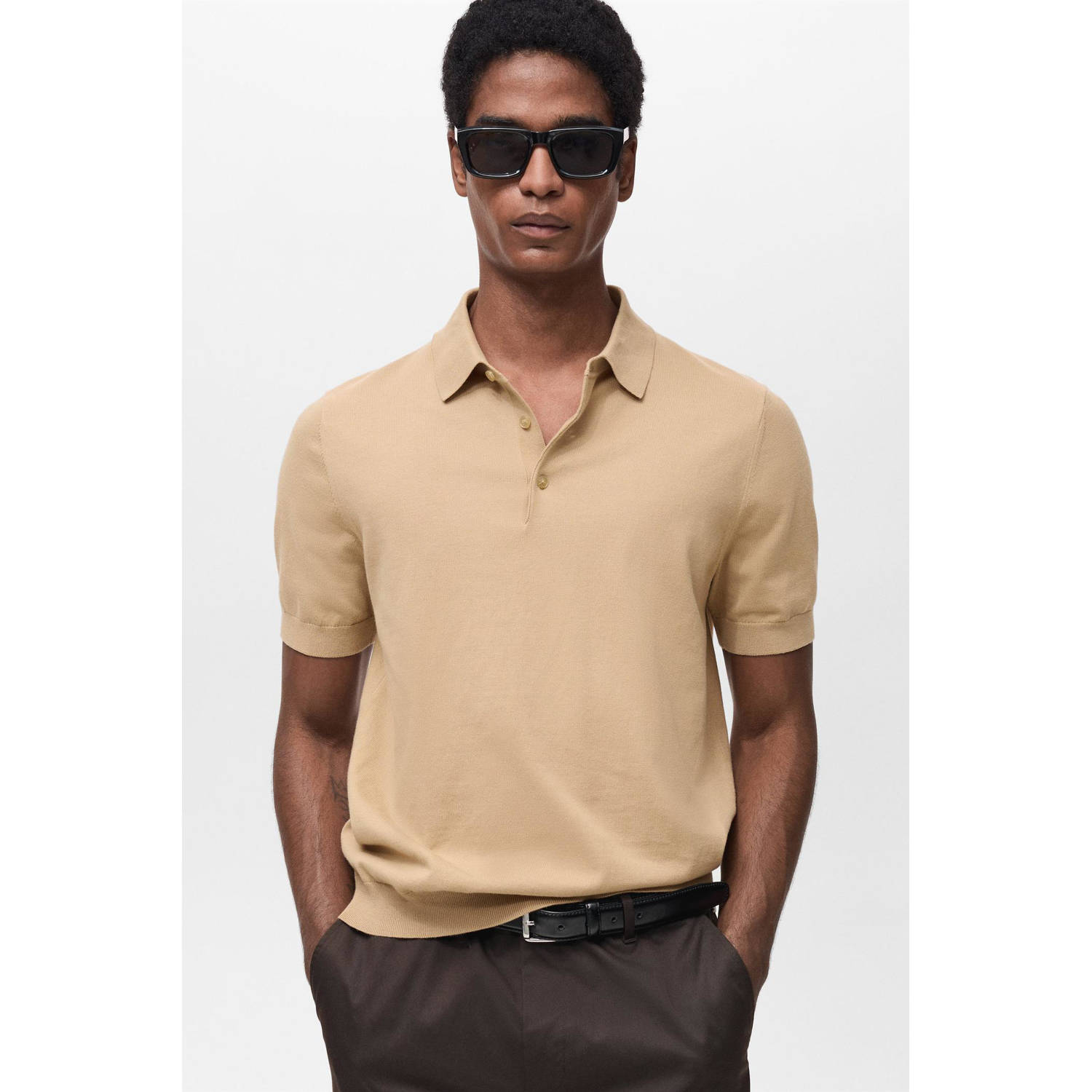 Mango Man polo fijn gebreid beige
