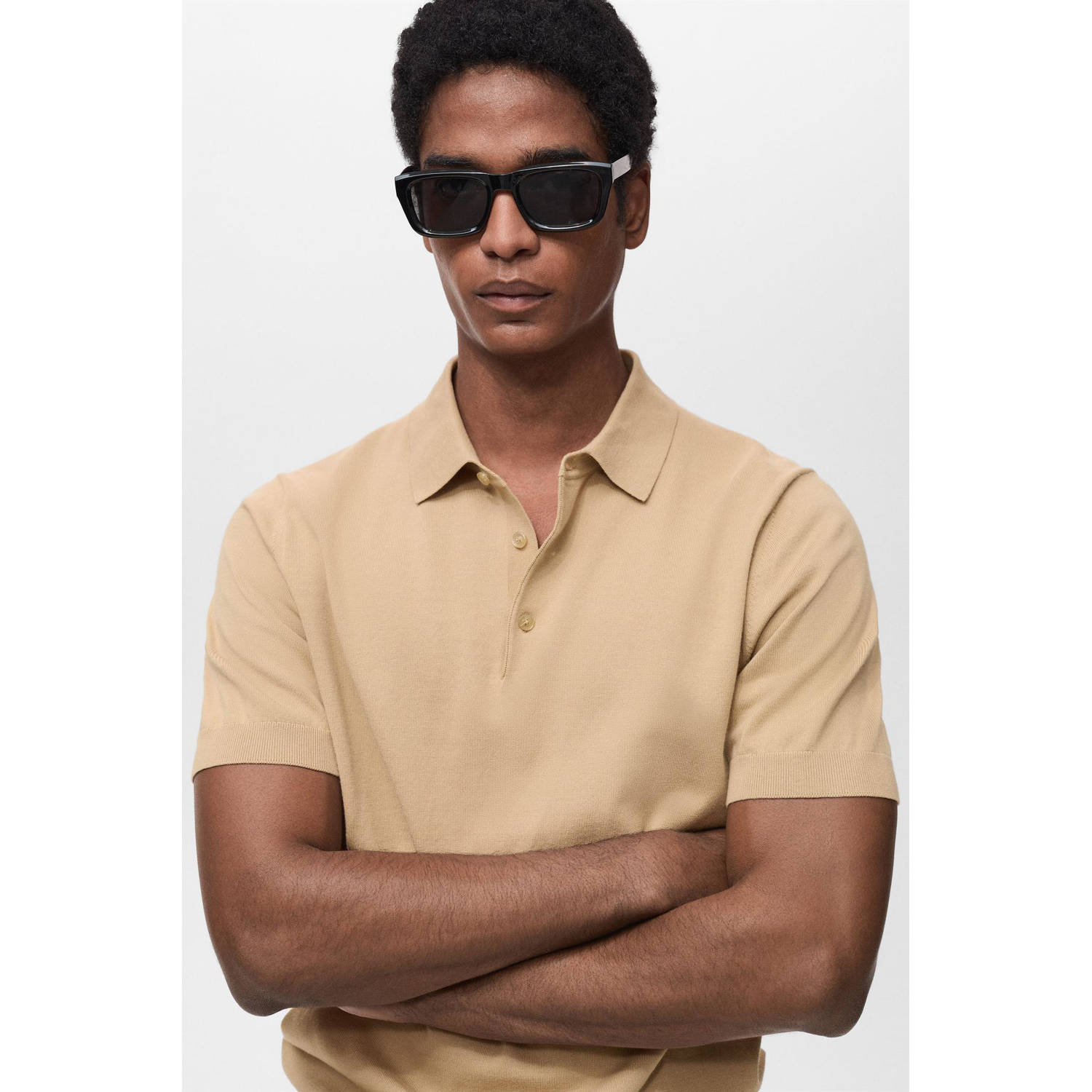 Mango Man polo fijn gebreid beige