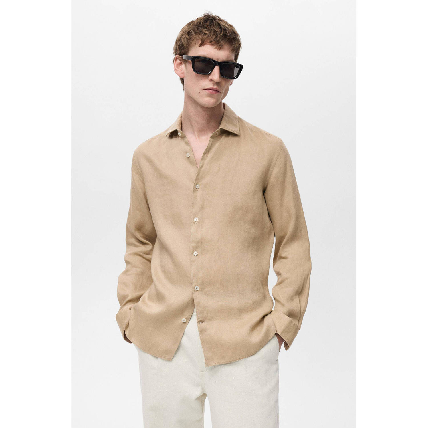 Mango Man linnen casual overhemd beige