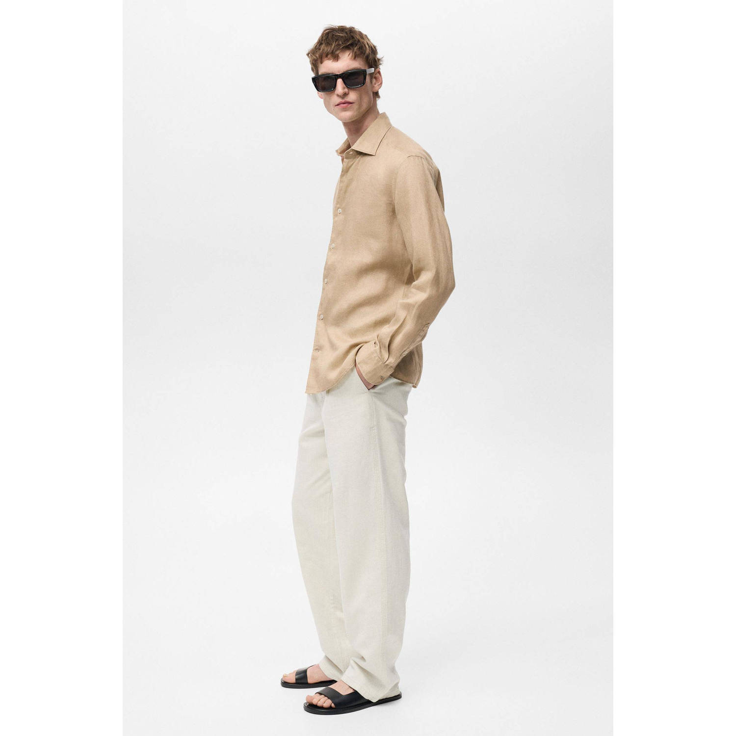 Mango Man linnen casual overhemd beige