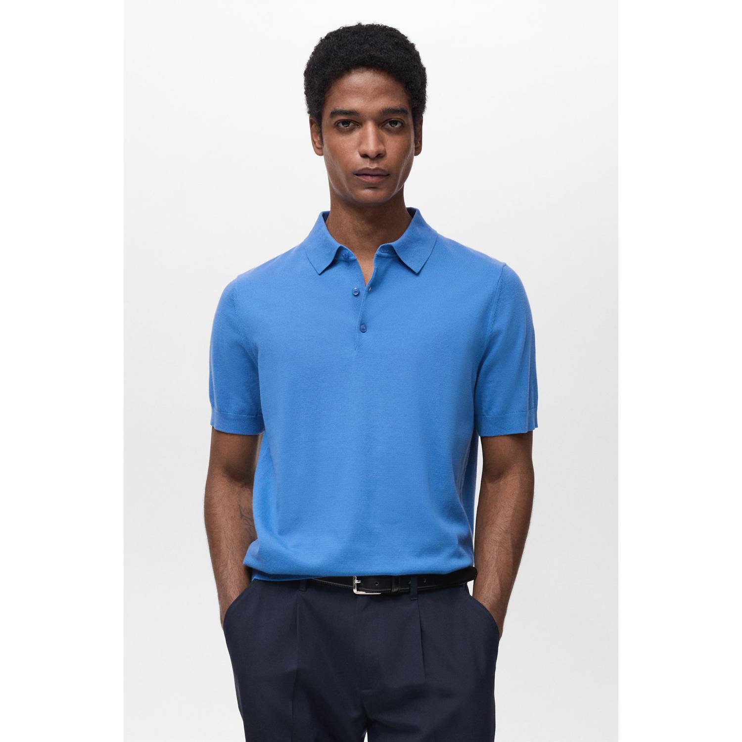 Mango Man polo fijn gebreid blauw