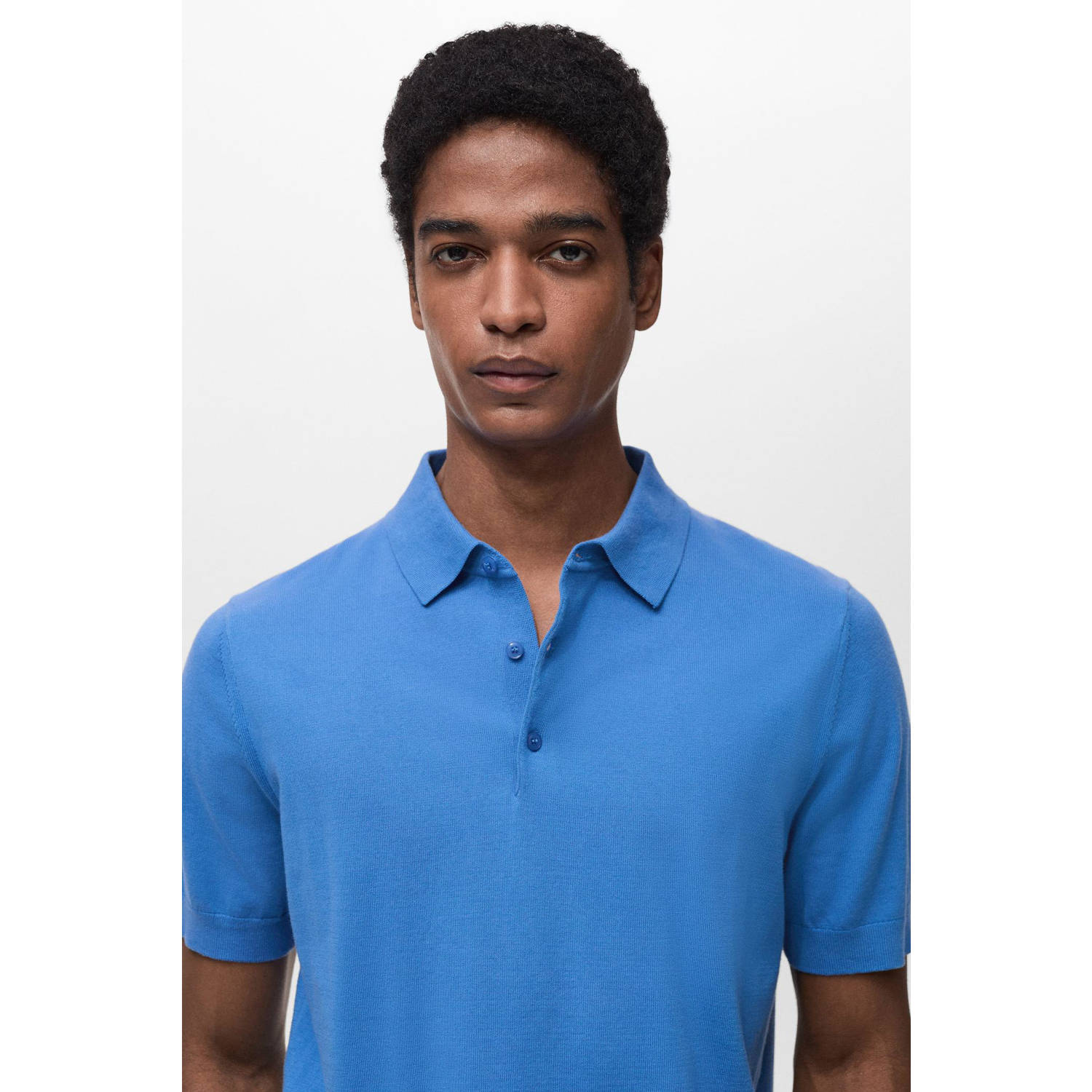 Mango Man polo fijn gebreid blauw