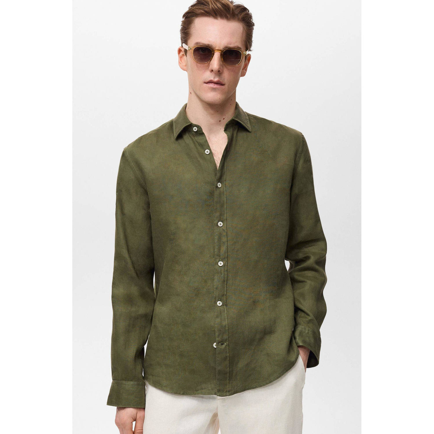 Mango Man linnen casual overhemd donkergroen