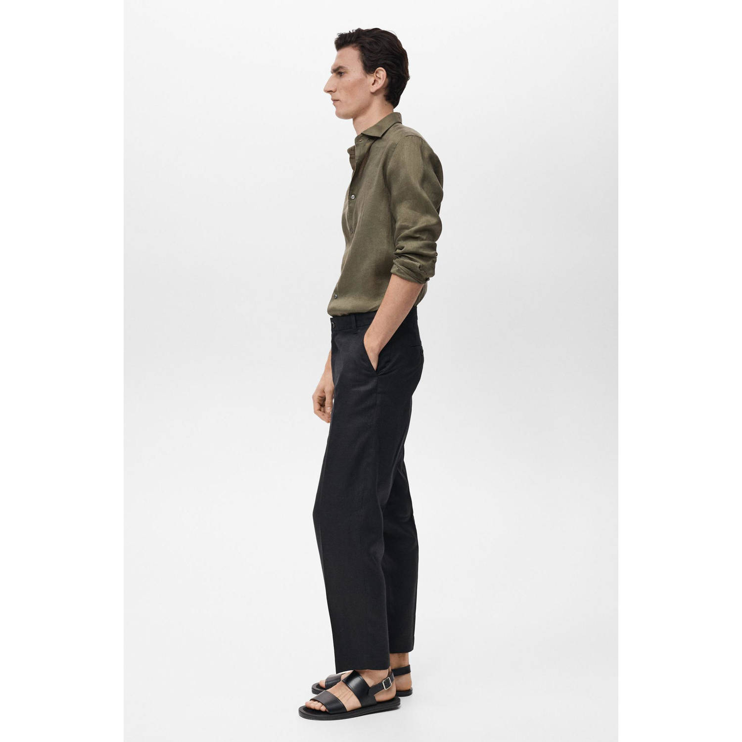 Mango Man linnen casual overhemd kaki