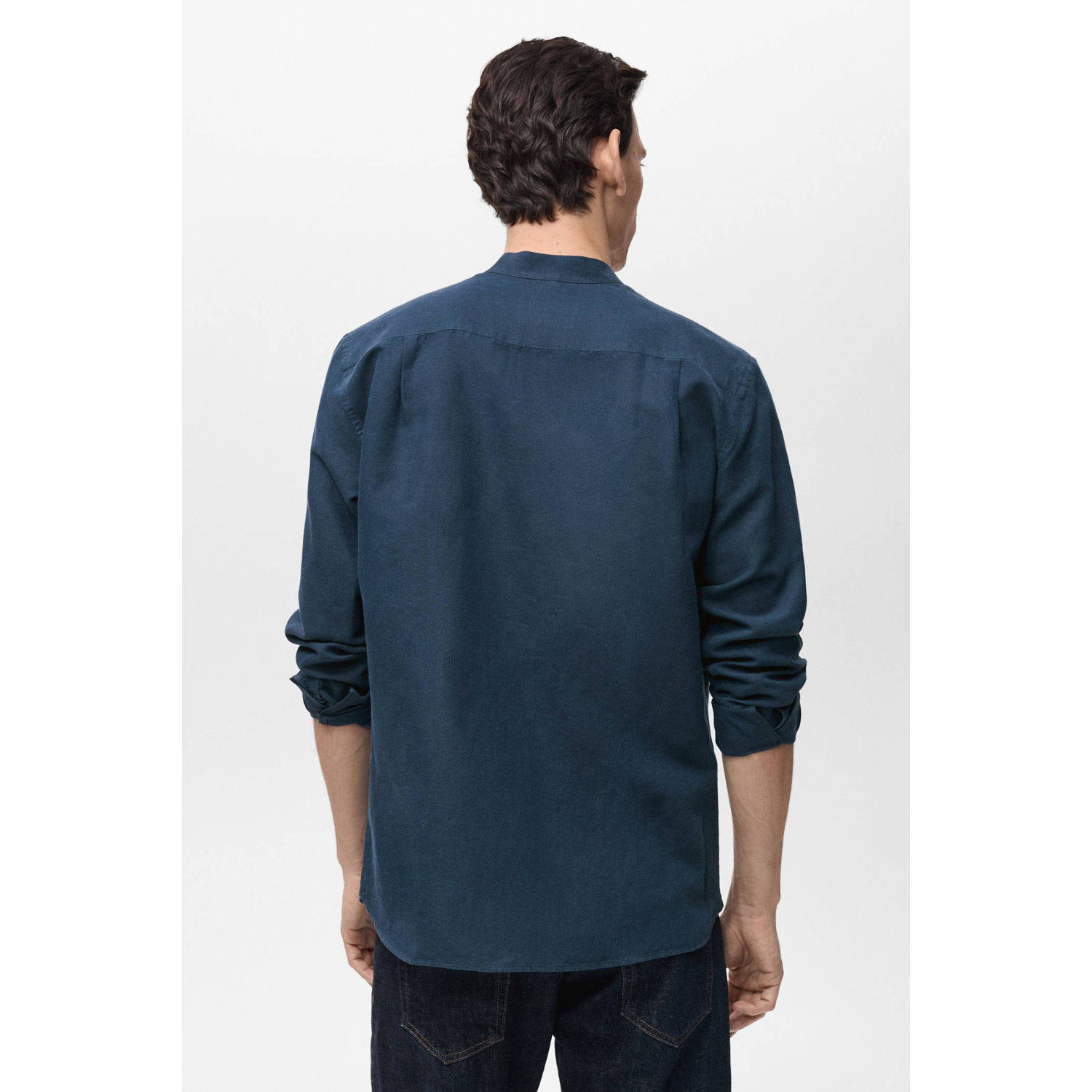 Mango Man linnen casual overhemd donkerblauw