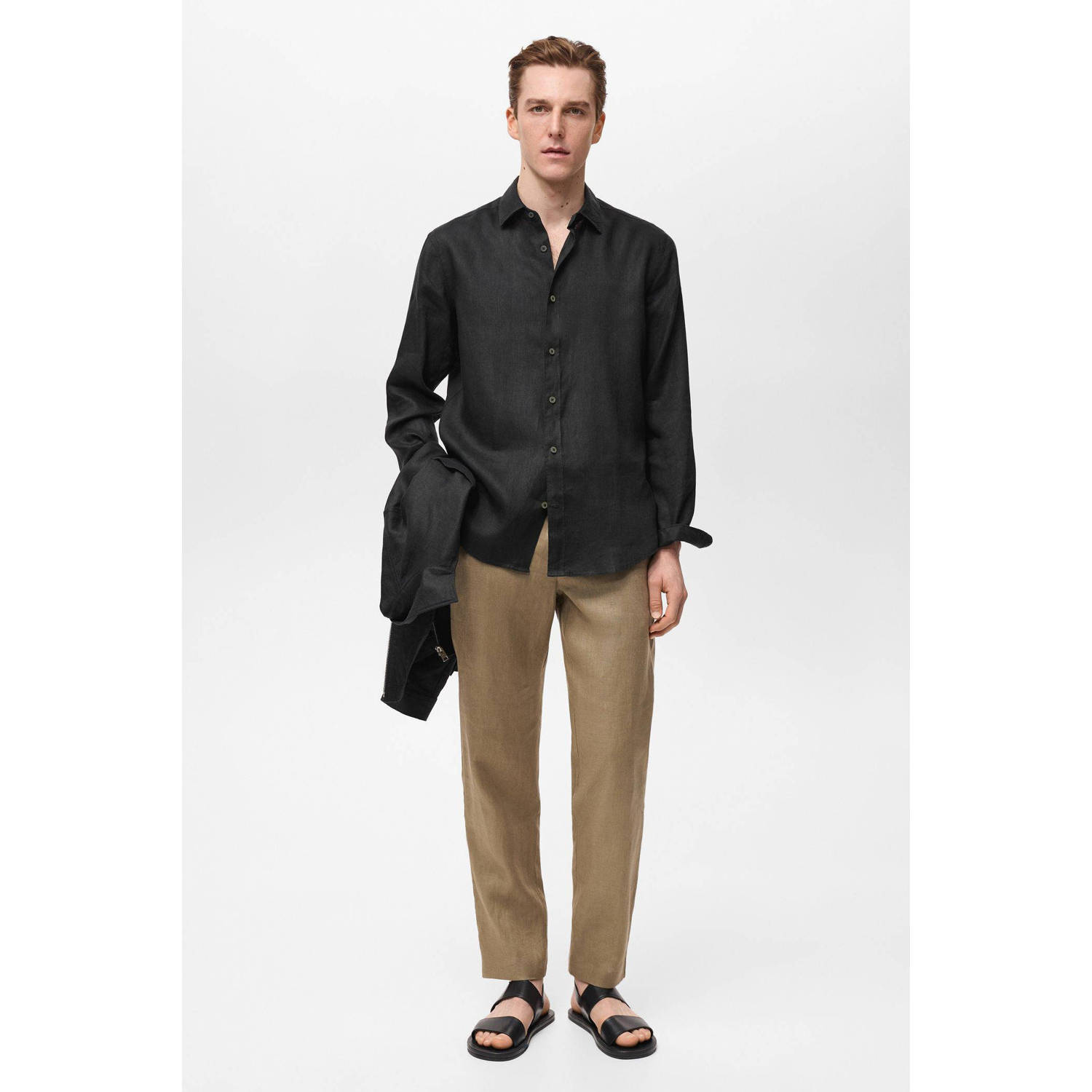 Mango Man linnen casual overhemd zwart