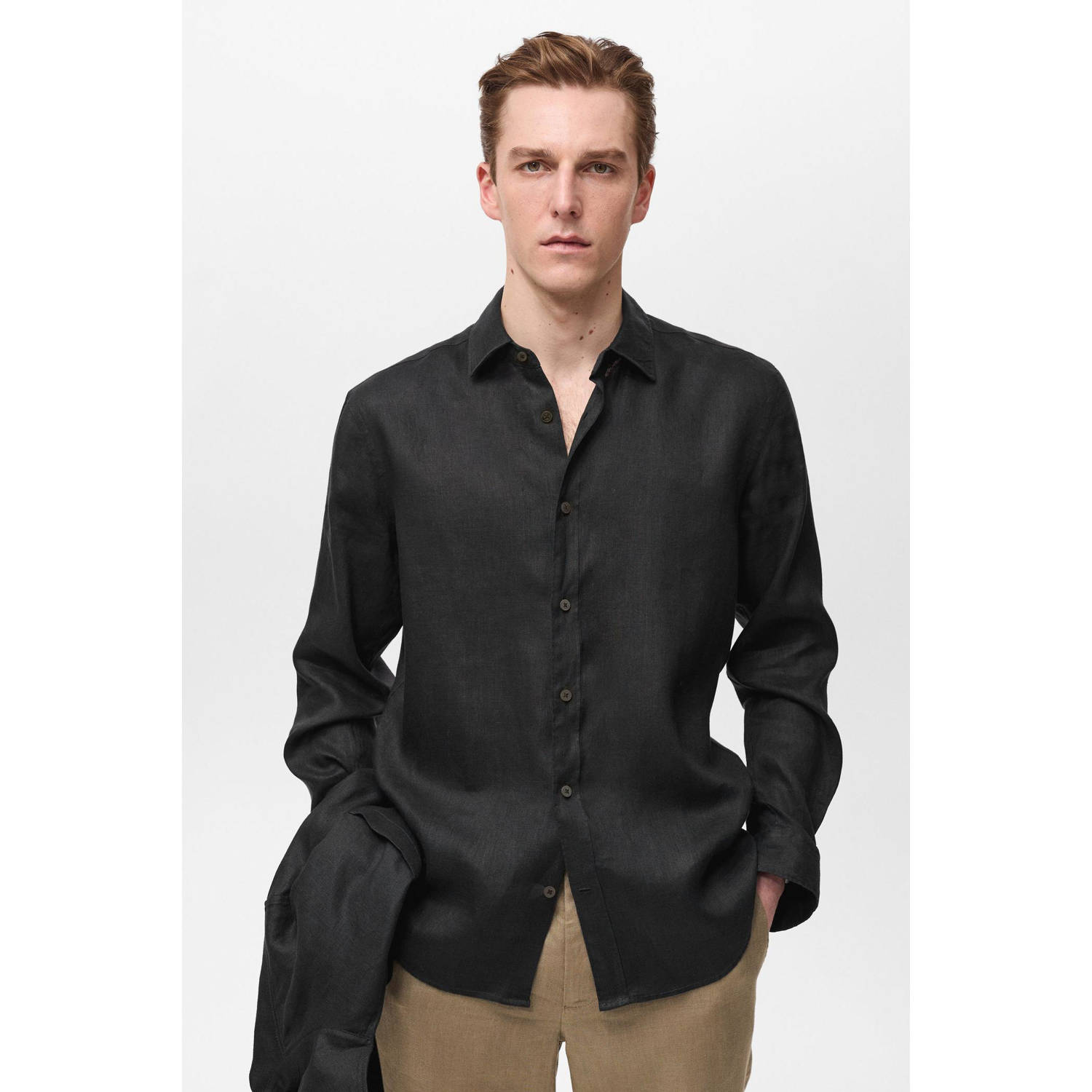 Mango Man linnen casual overhemd zwart