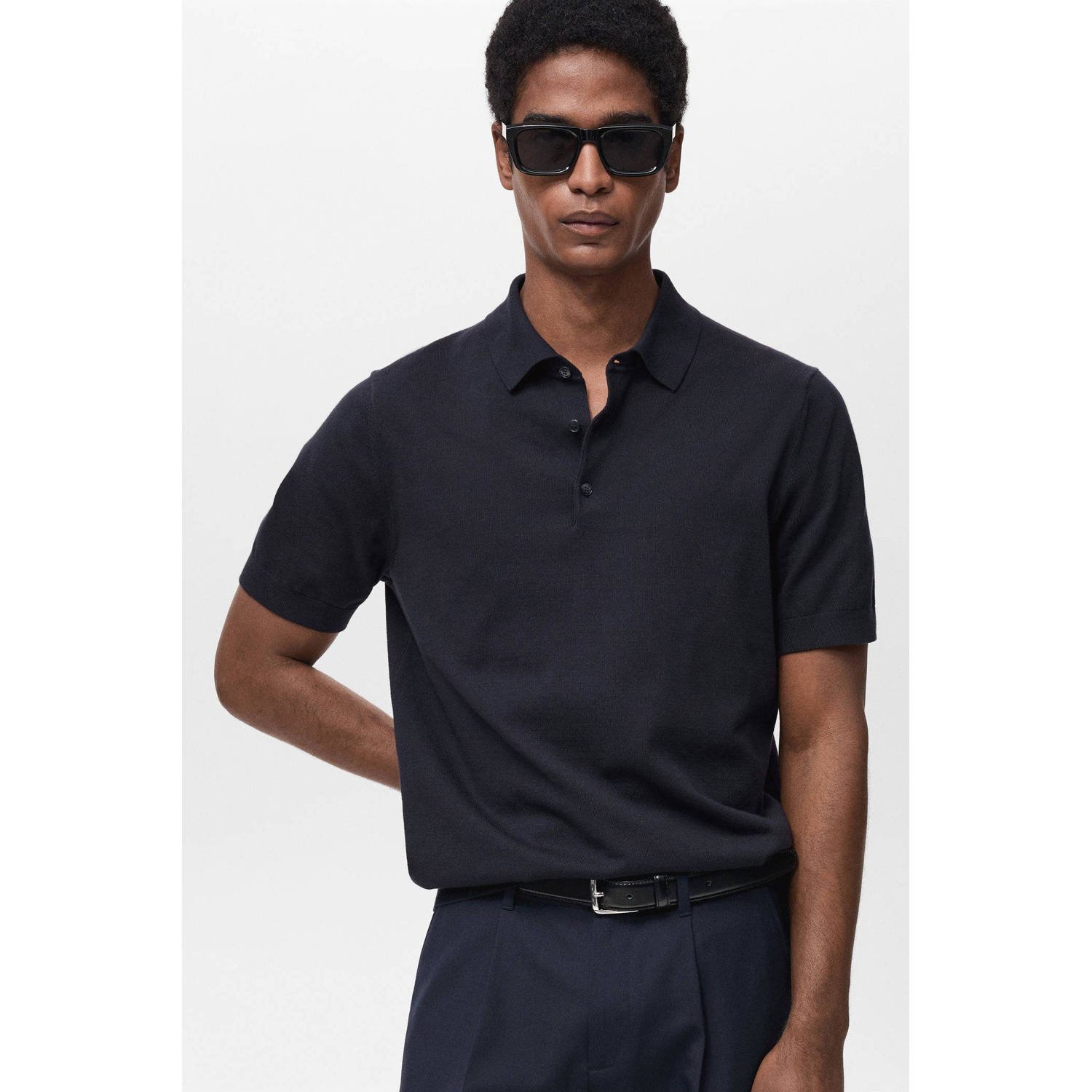 Mango Man polo fijn gebreid donkerblauw