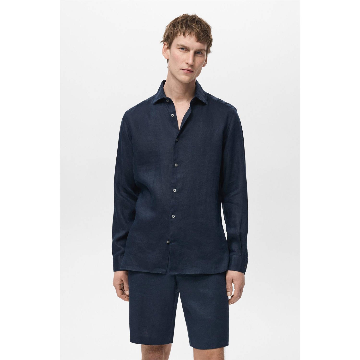 Mango Man linnen casual overhemd donkerblauw