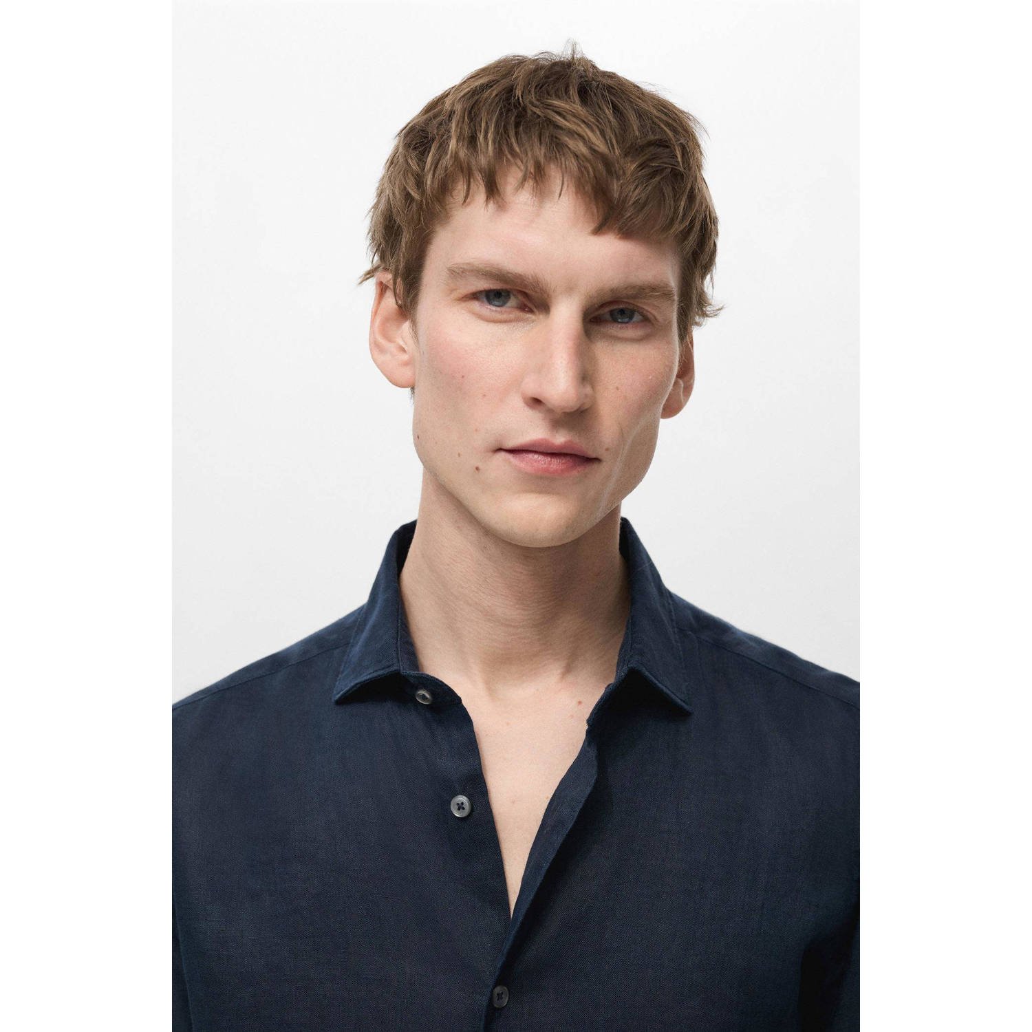 Mango Man linnen casual overhemd donkerblauw