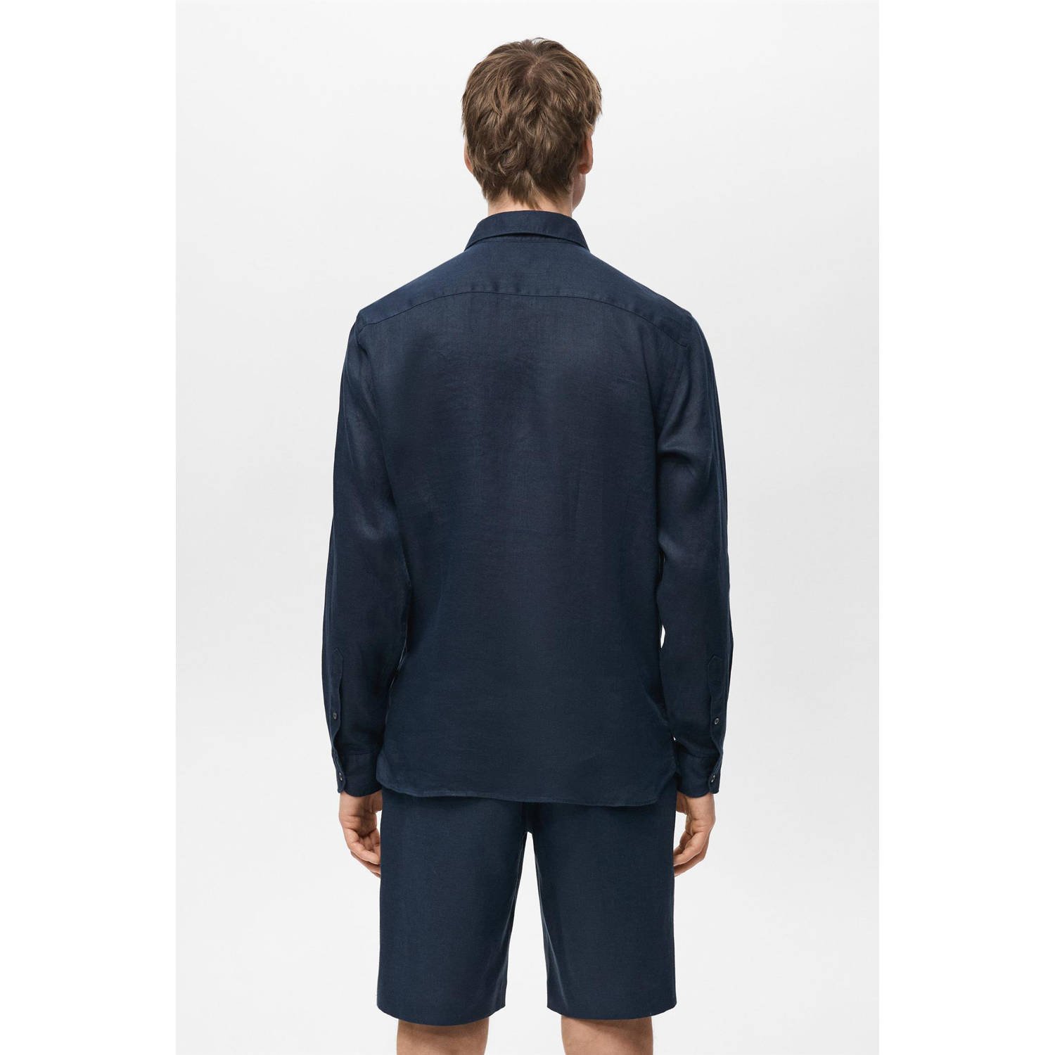 Mango Man linnen casual overhemd donkerblauw