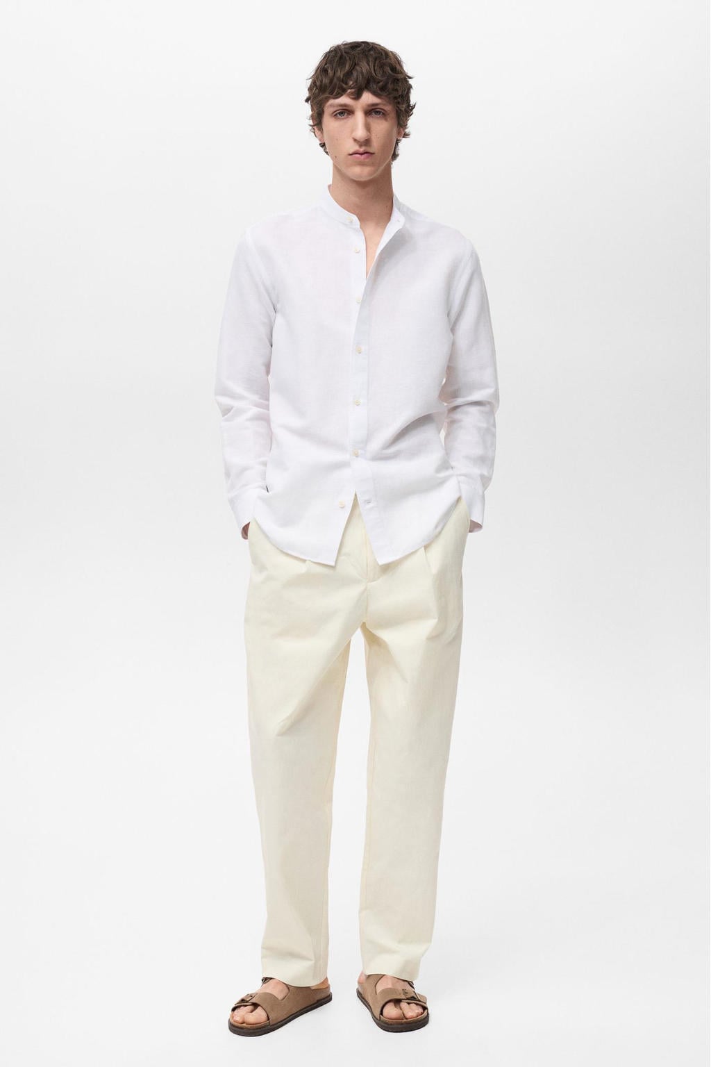 Witte heren Mango Man linnen casual overhemd met effen, lange mouwen, mao kraag en knoopsluiting
