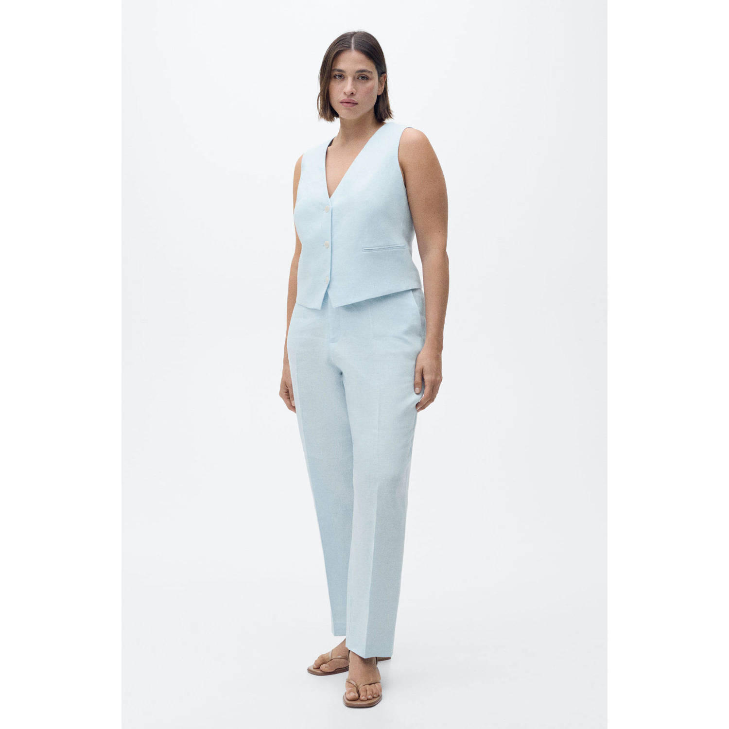 Mango linnen asymmetrische top gilet lichtblauw