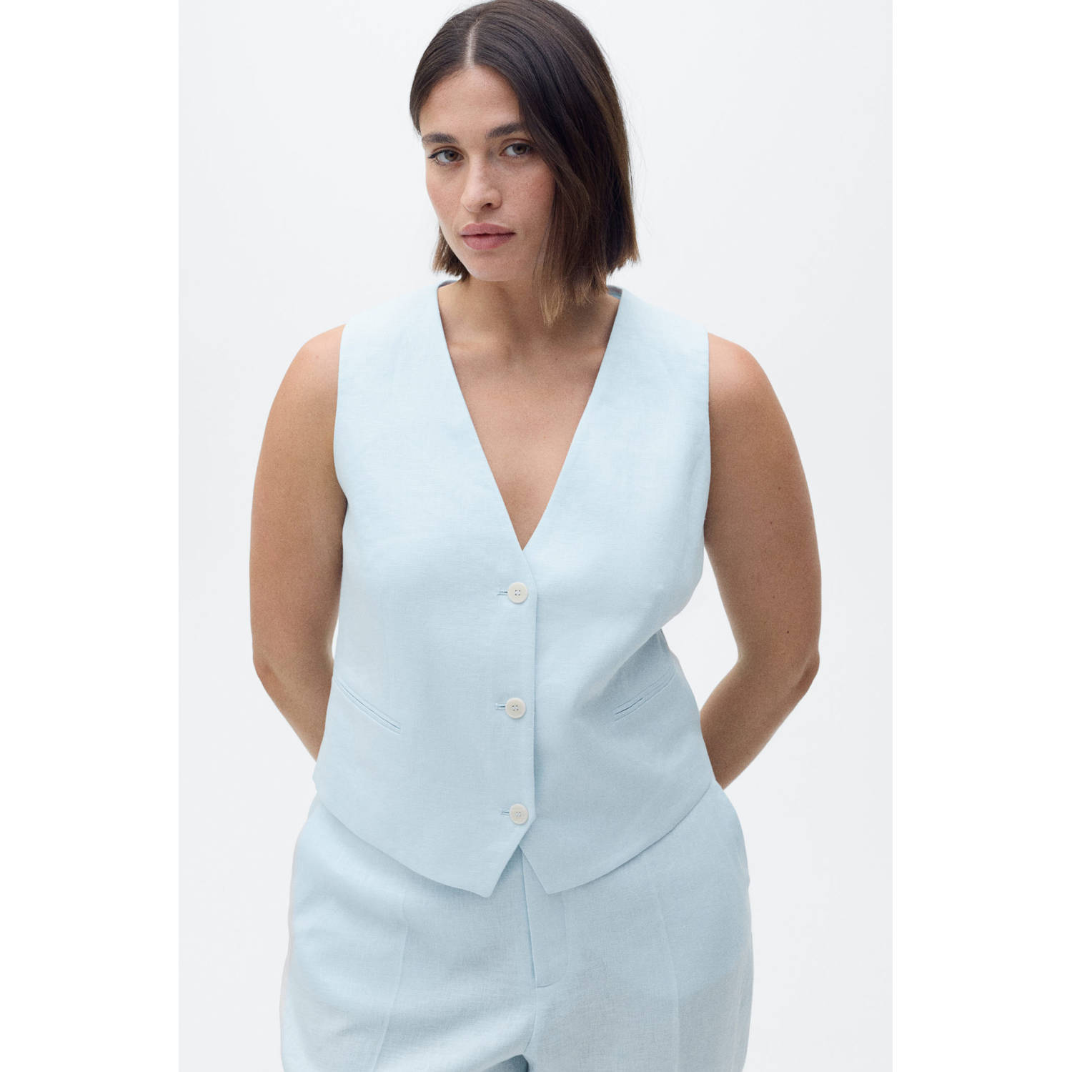 Mango linnen asymmetrische top gilet lichtblauw