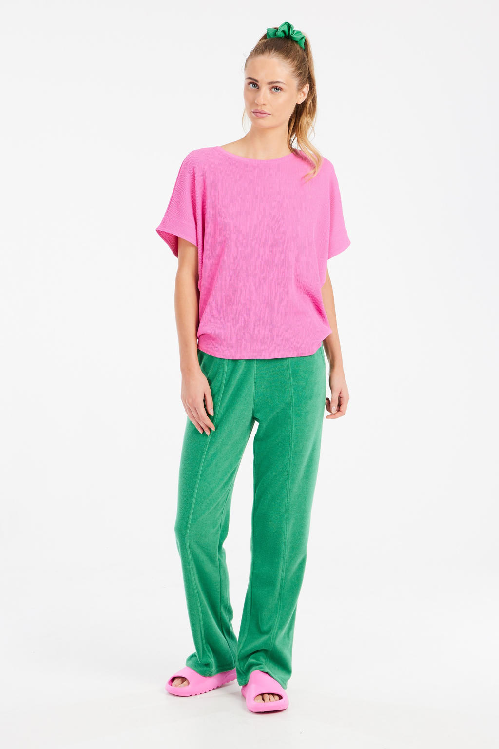 Roze dames Protest T-shirt van polyester met effen, half lange mouwen en ronde hals