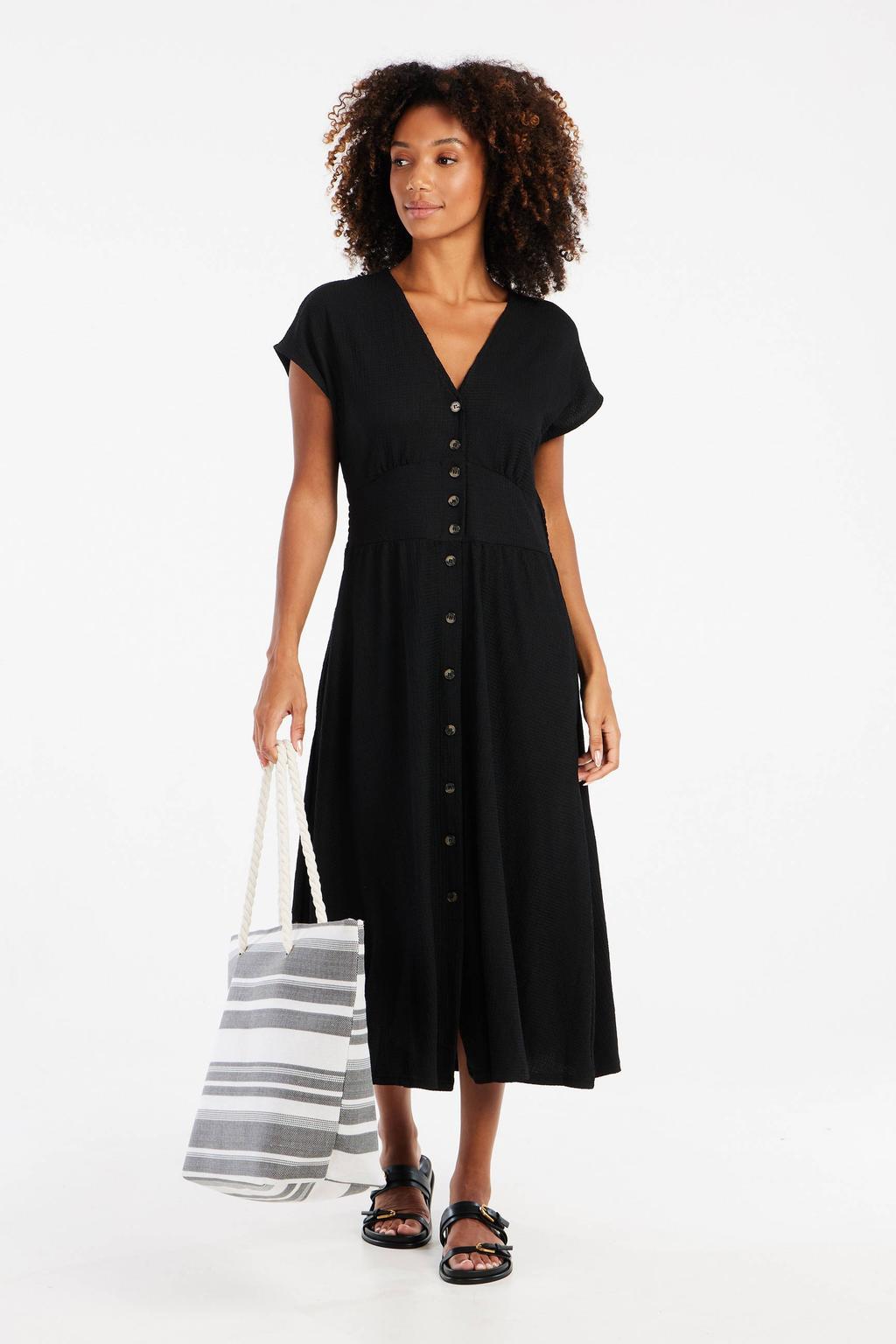 Zwarte dames Protest zomerjurk van polyester met effen, half lange mouwen, V-hals, knoopsluiting en textuur