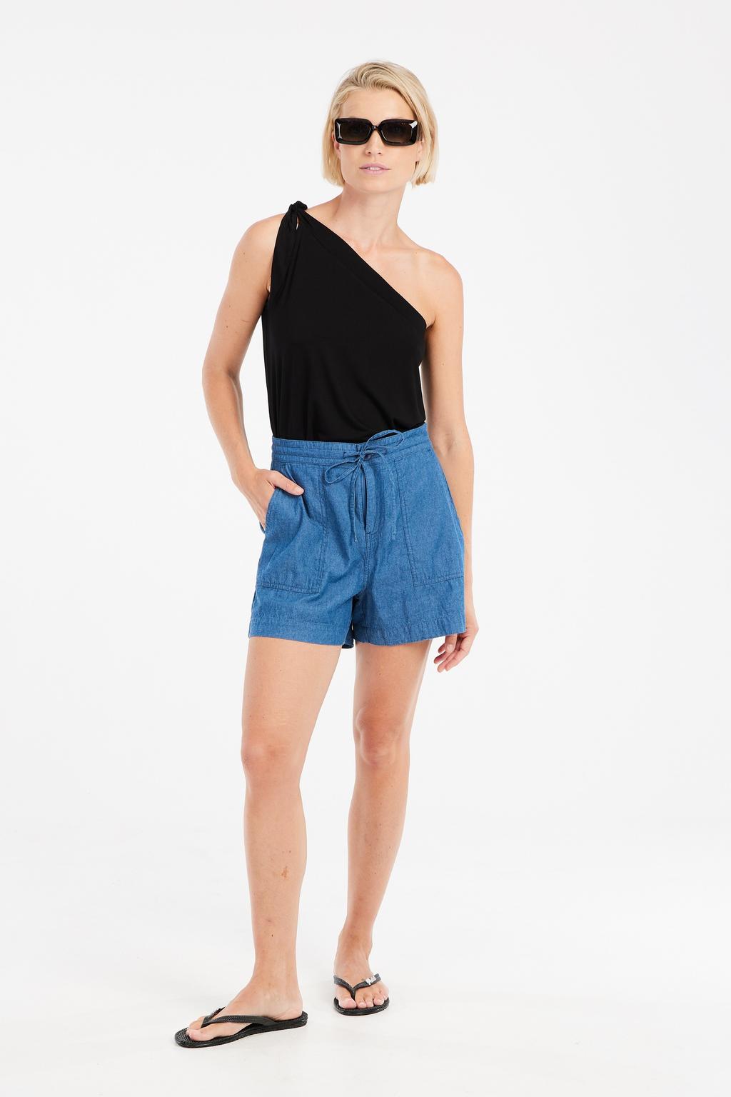 Medium blue denim dames Protest wide leg regular waist short van denim met knoopsluiting en effen