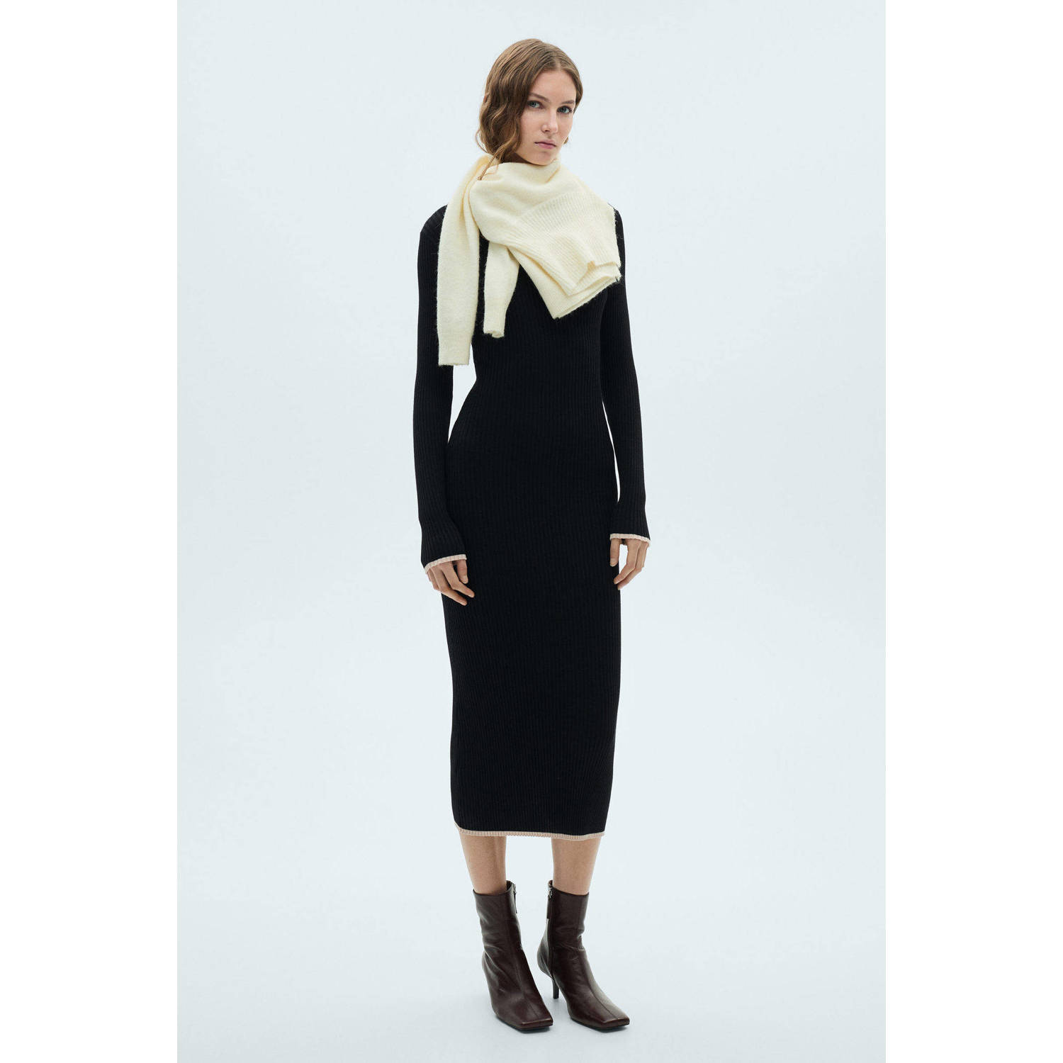 Mango midi jurk rib gebreid zwart