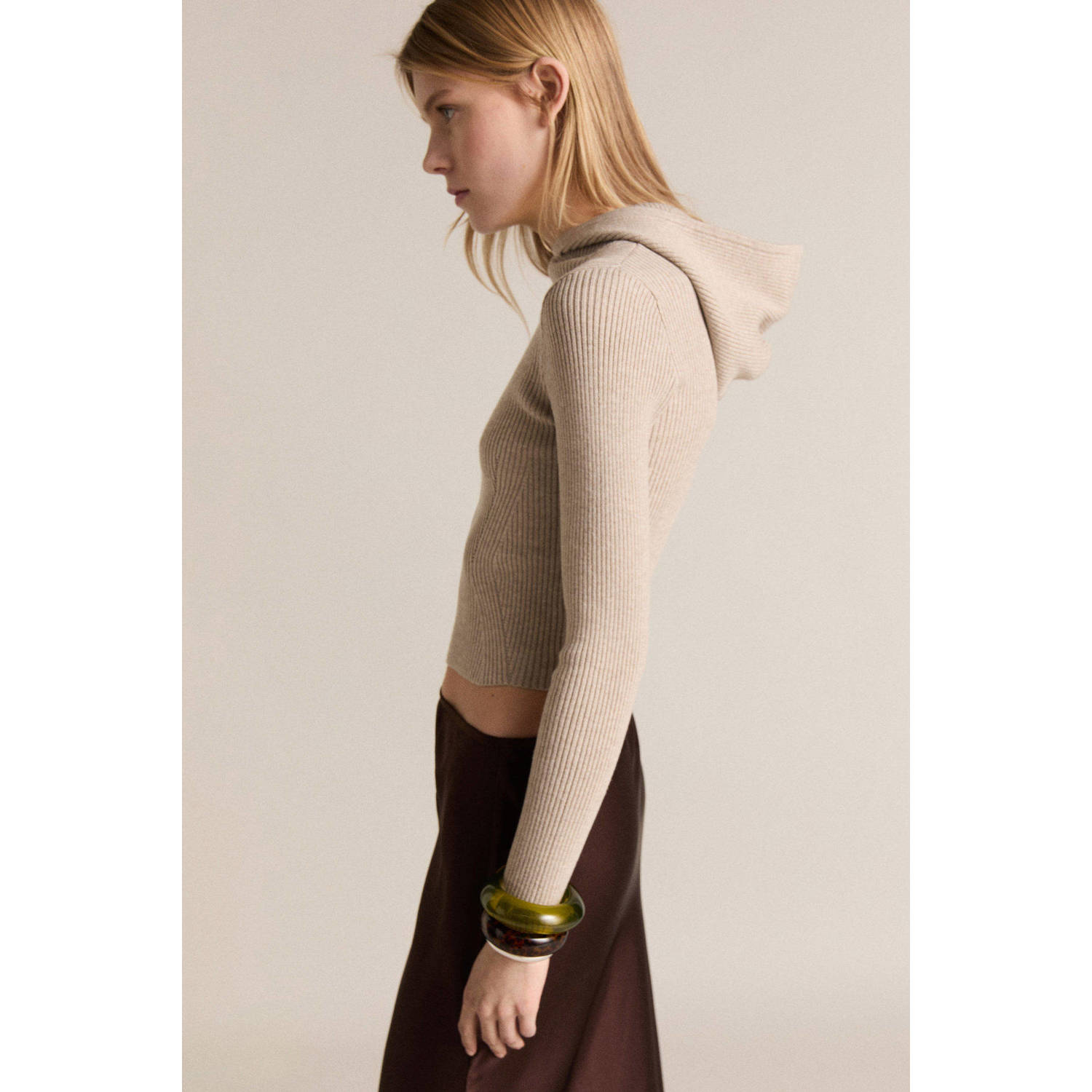 Mango hoodie beige rib gebreid