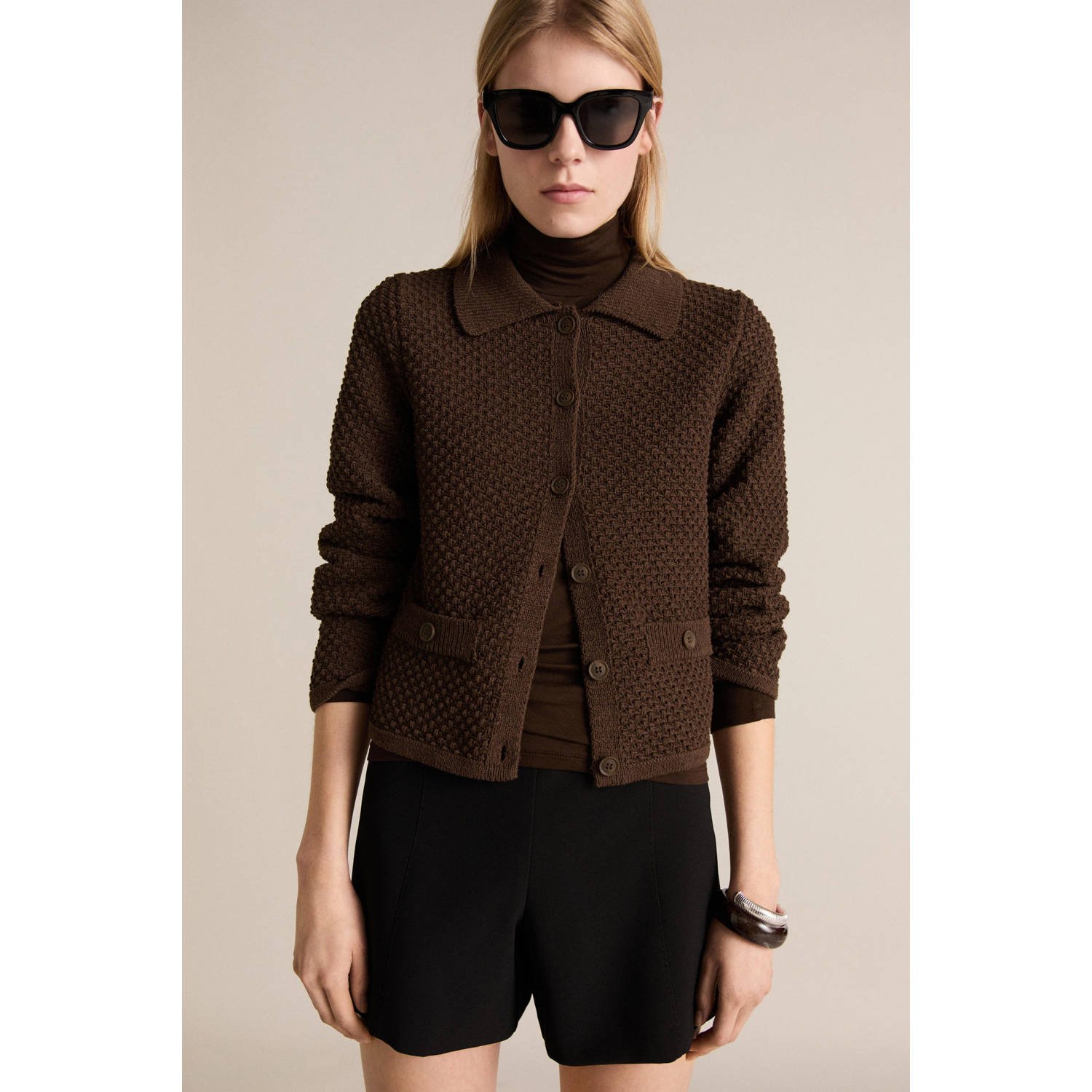 Mango vest donkerbruin grof gebreid