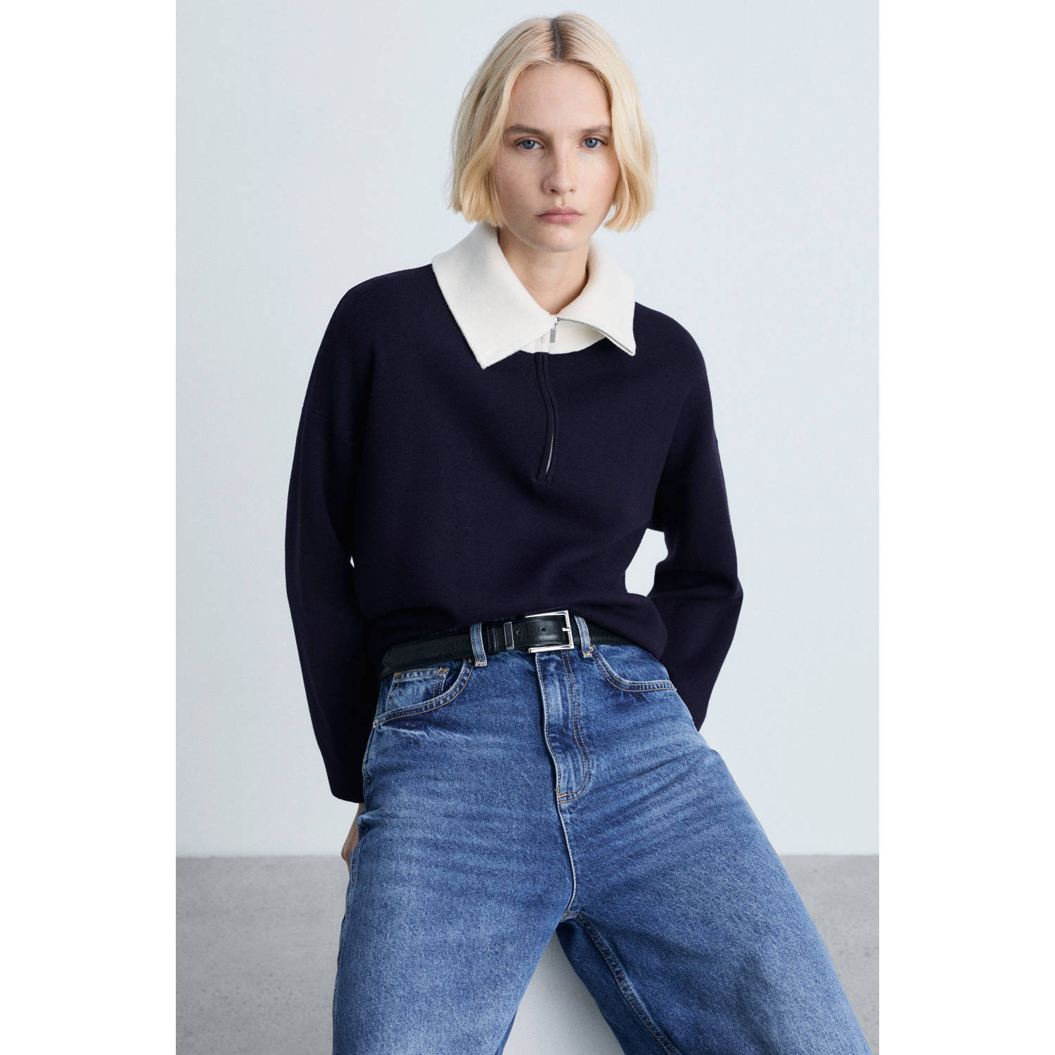 Mango pullover donkerblauw rib gebreid