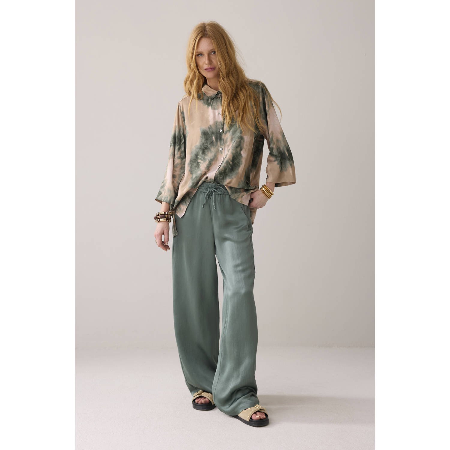 Summum wide leg regular waist casual broek groen