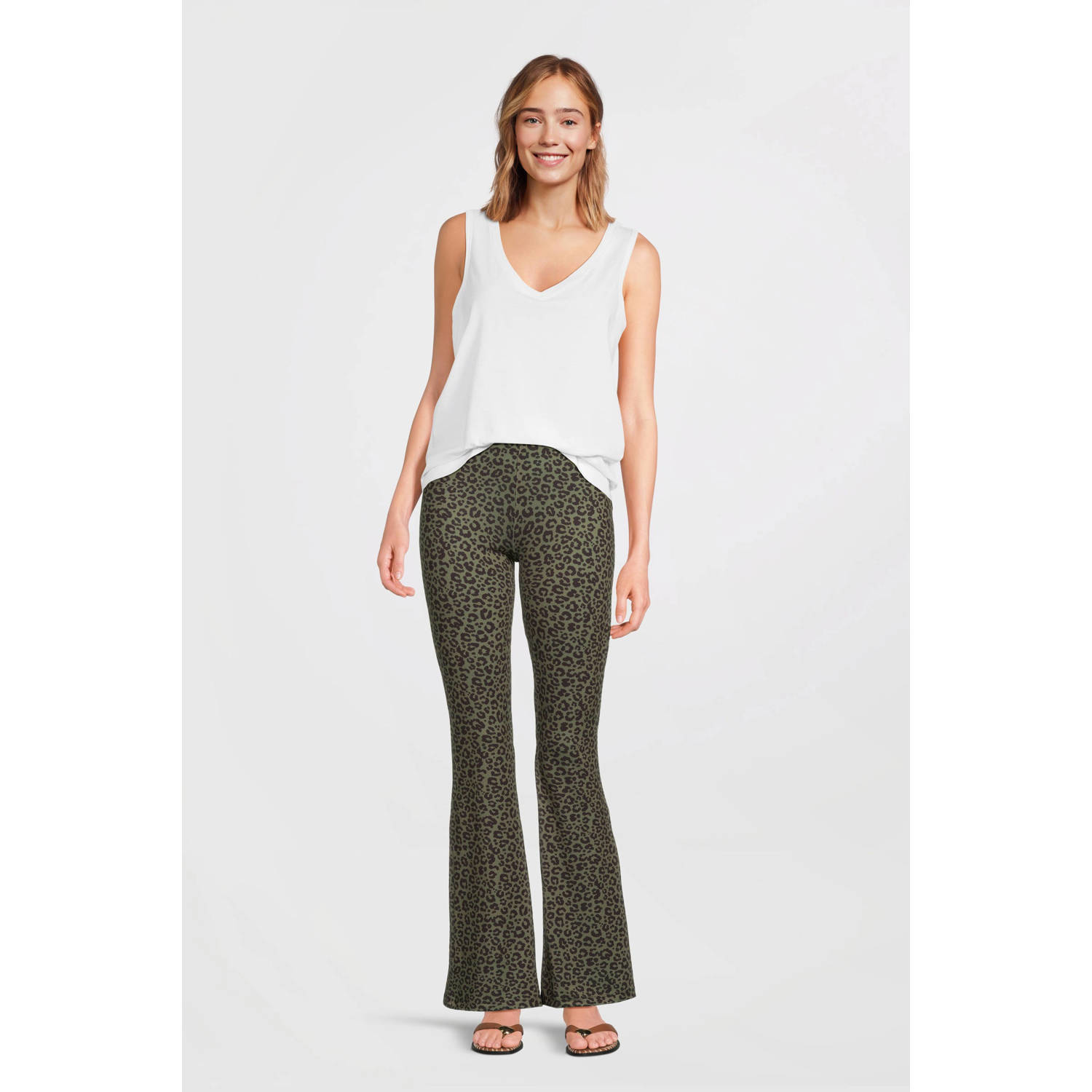 anytime flared broek met panterprint khaki