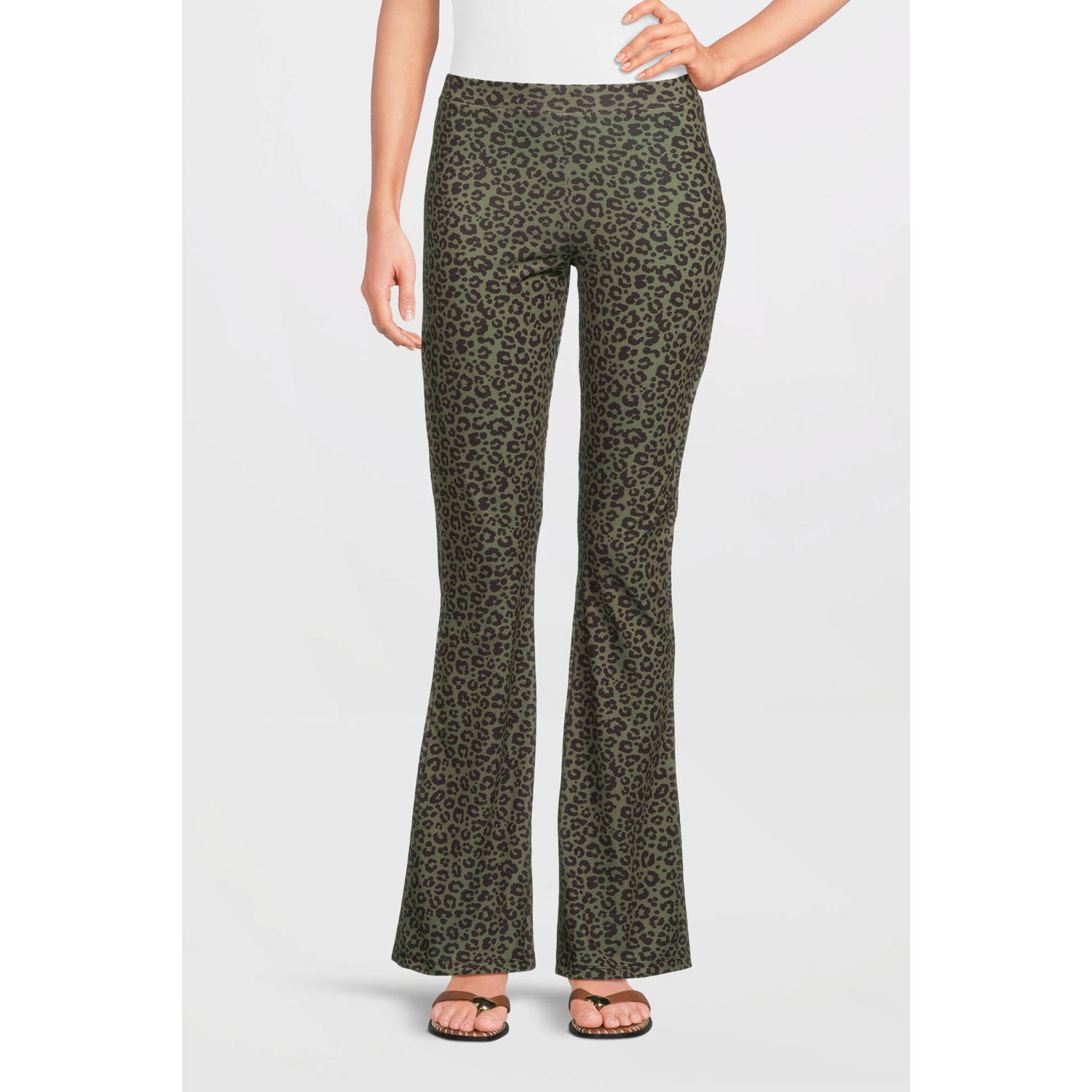 Anytime flared broek met panterprint khaki