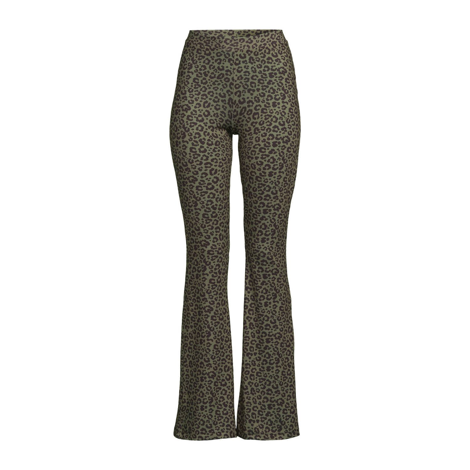 Anytime flared broek met panterprint khaki