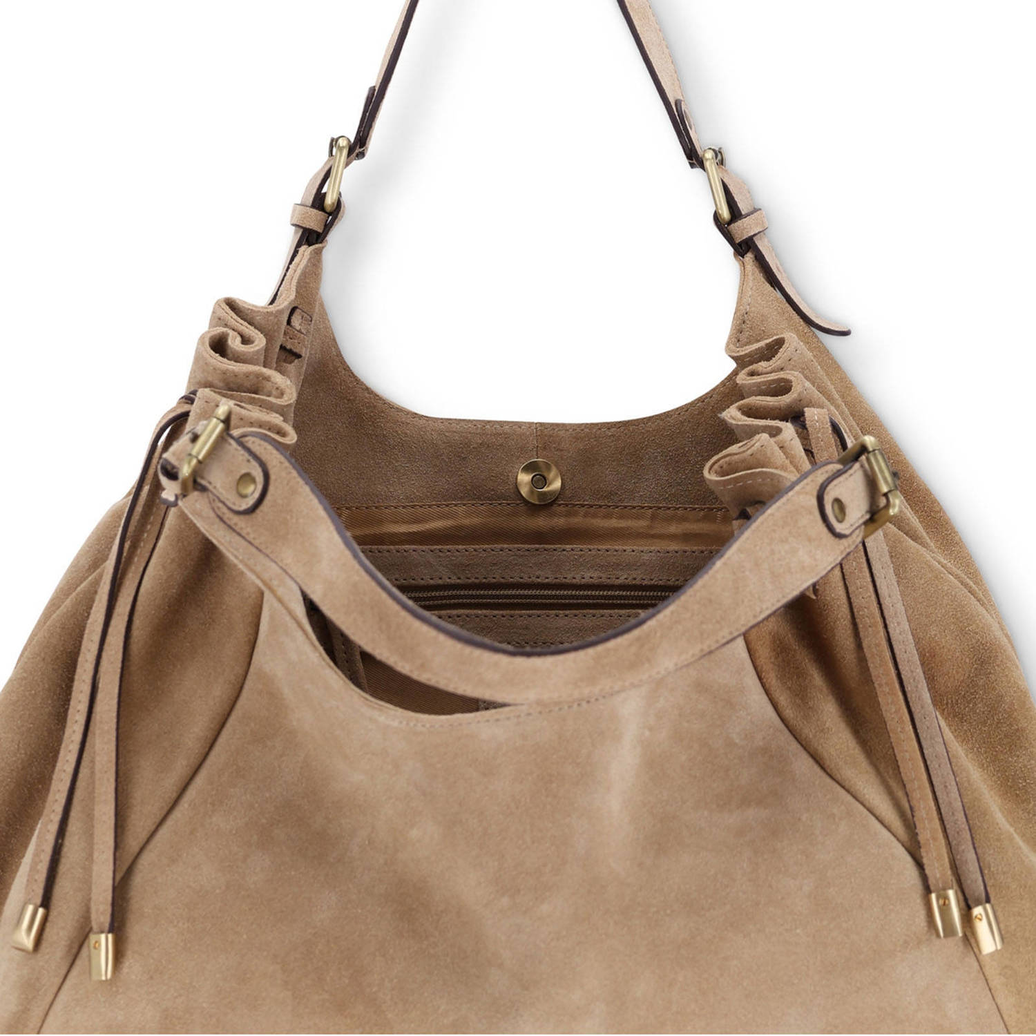 Manfield suede schoudertas beige
