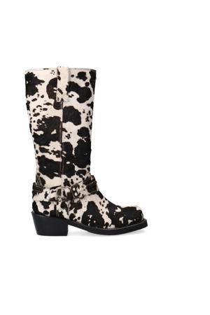 leren bikerboots met koeienprint zwart