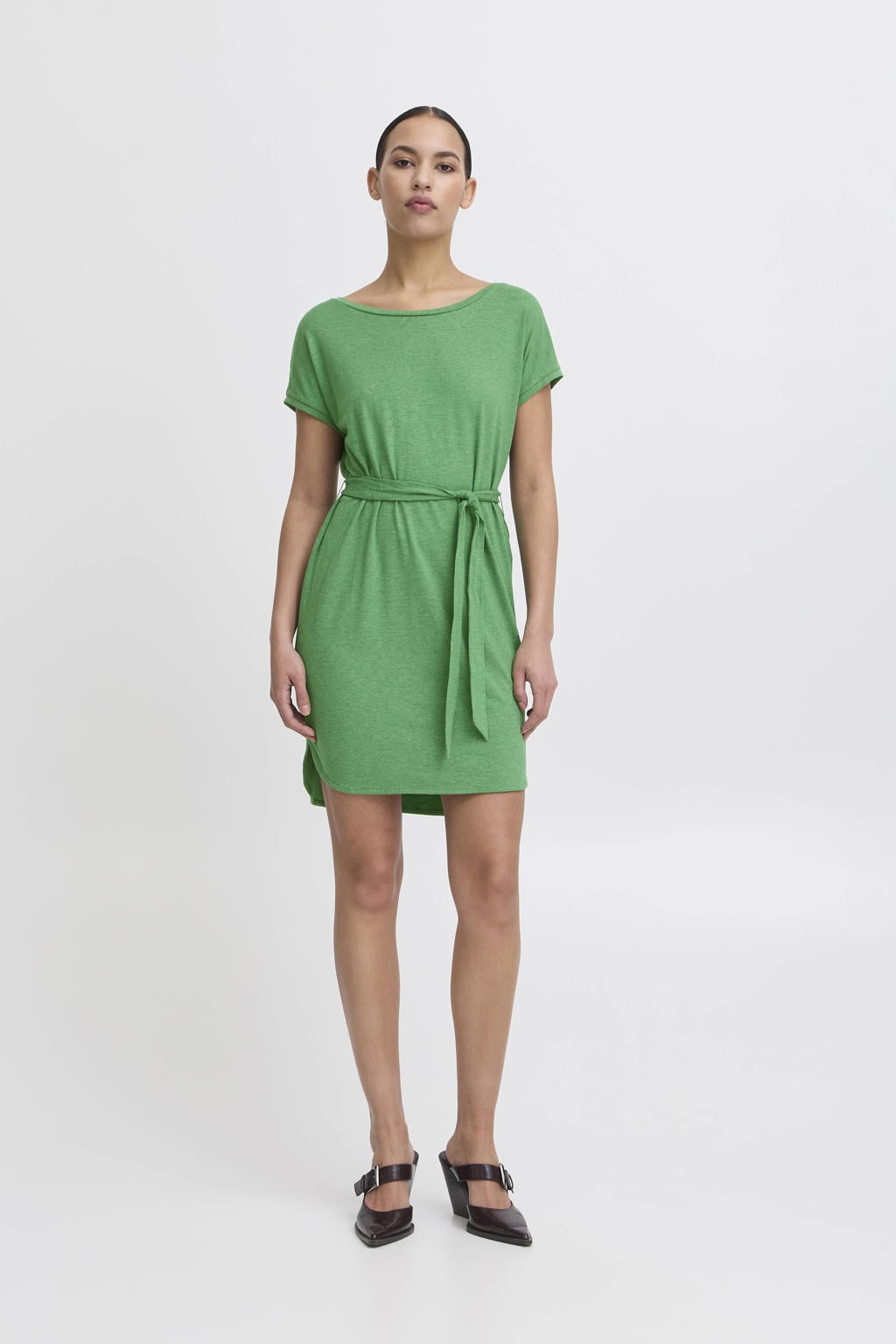 Groene dames ICHI zomerjurk van polyester met effen, korte mouwen, ronde hals en striksluiting