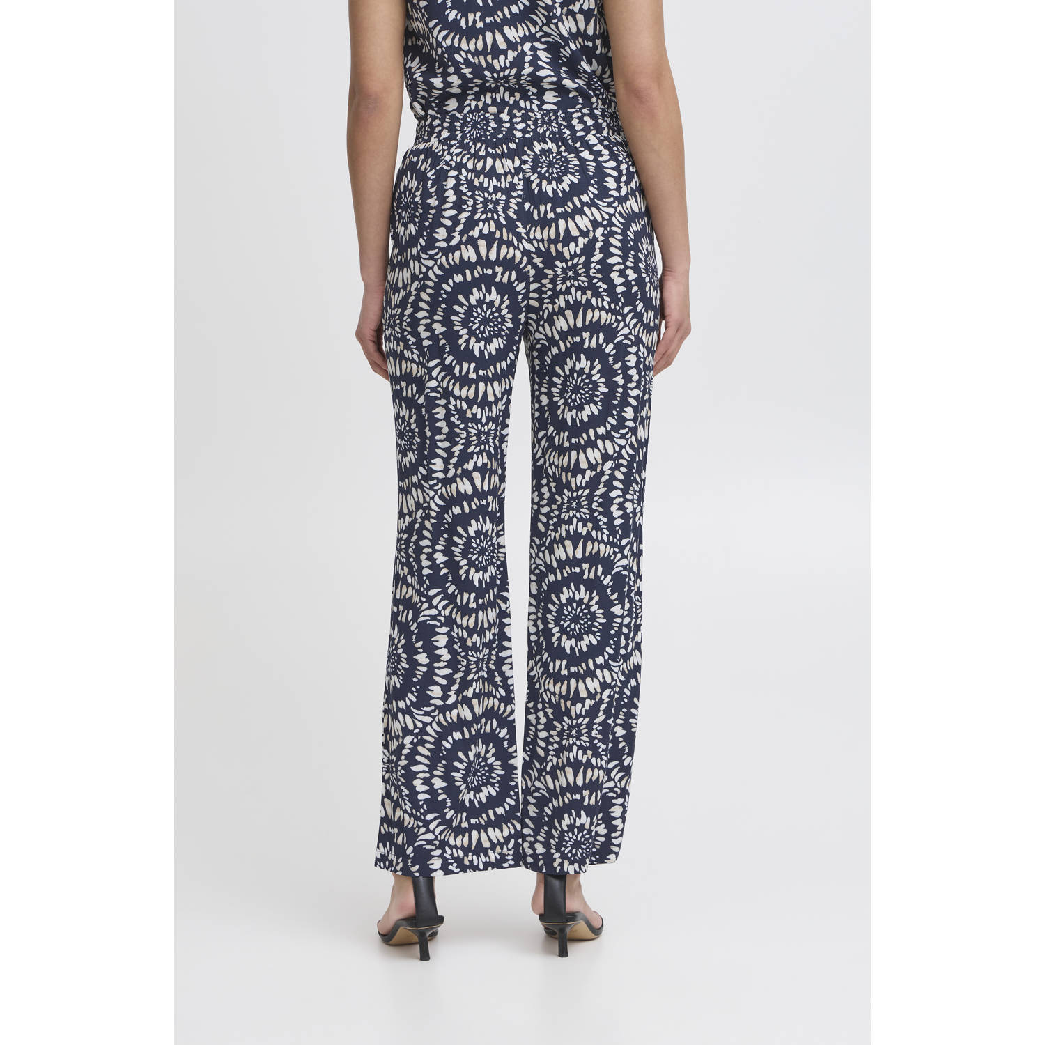 ICHI wide leg regular waist casual broek donkerblauw