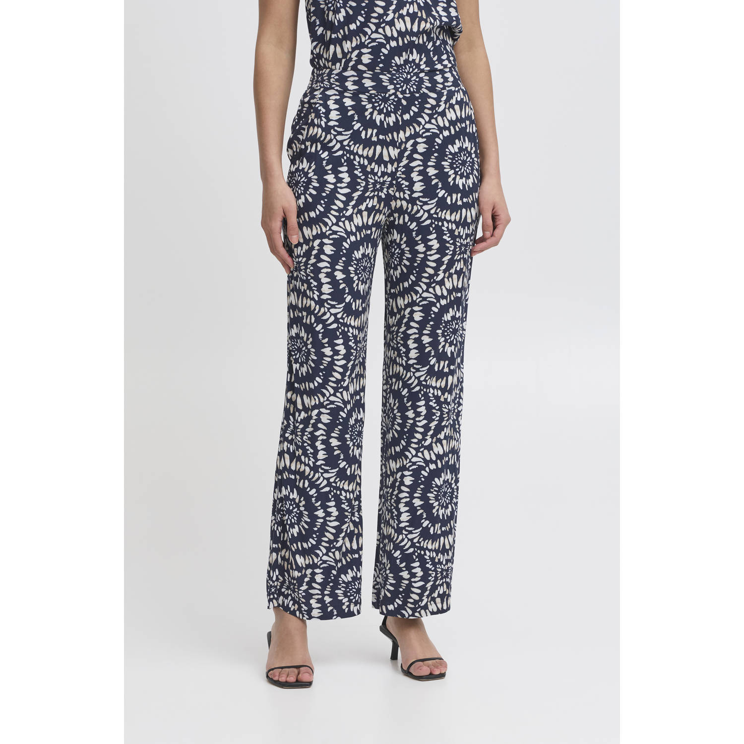 ICHI wide leg regular waist casual broek donkerblauw