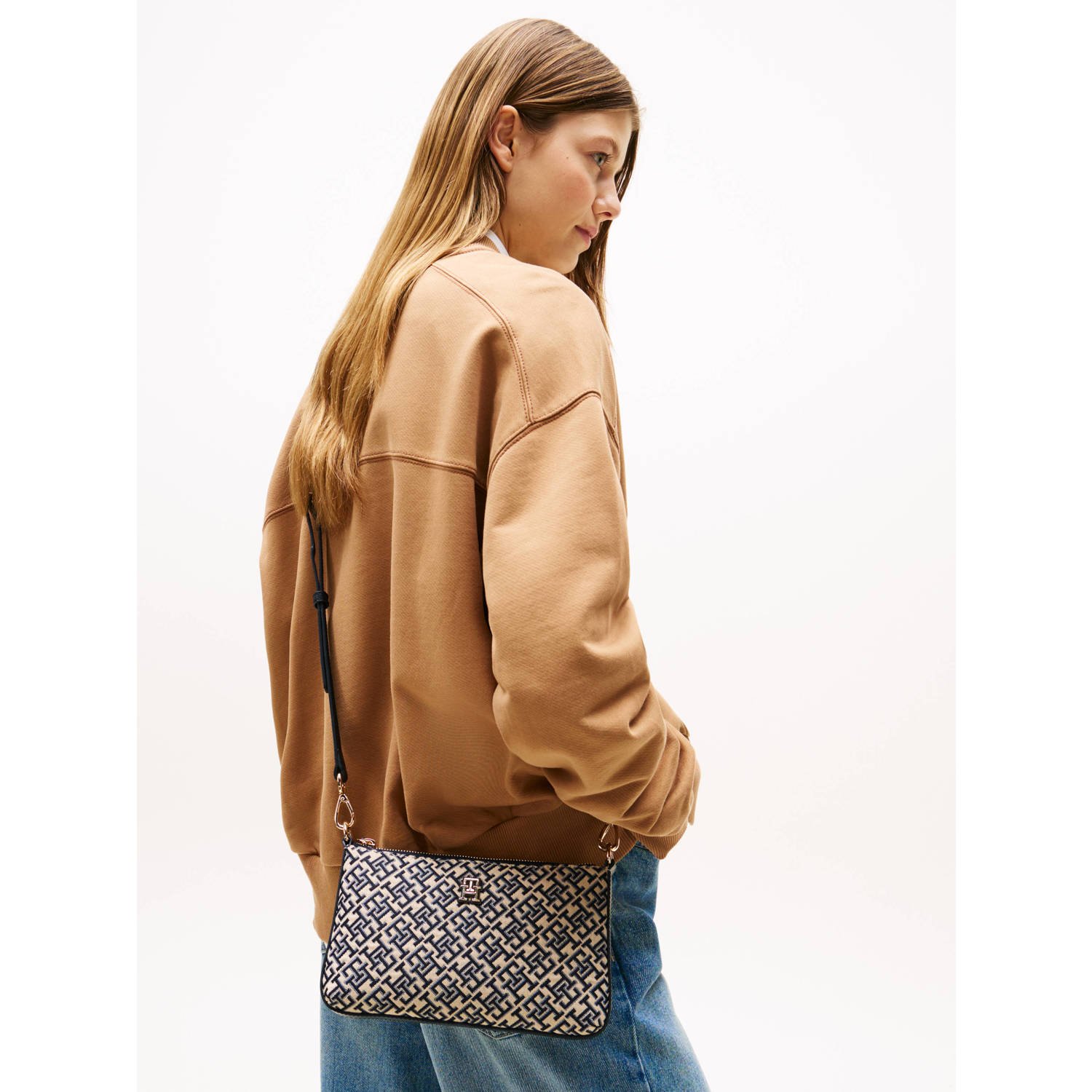 Tommy Hilfiger crossbody tas TH Jacquard met logoprint donkerblauw beige