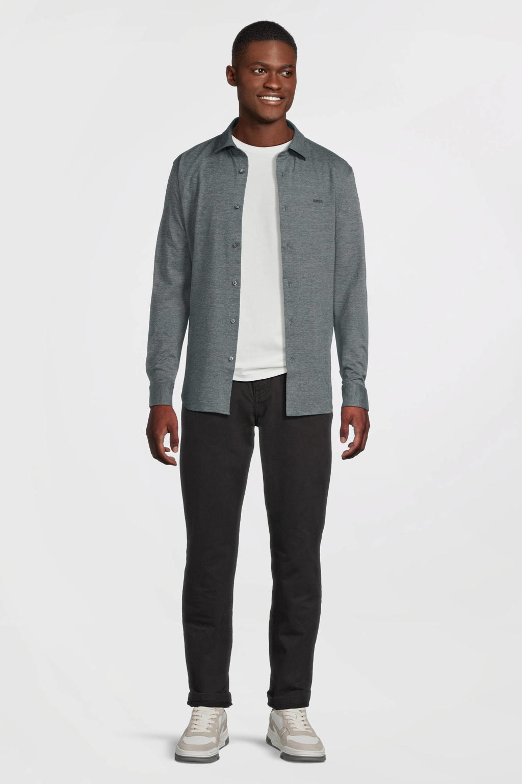 Donkergroene heren BOSS casual overhemd van katoen met melée print, lange mouwen, klassieke kraag en knoopsluiting
