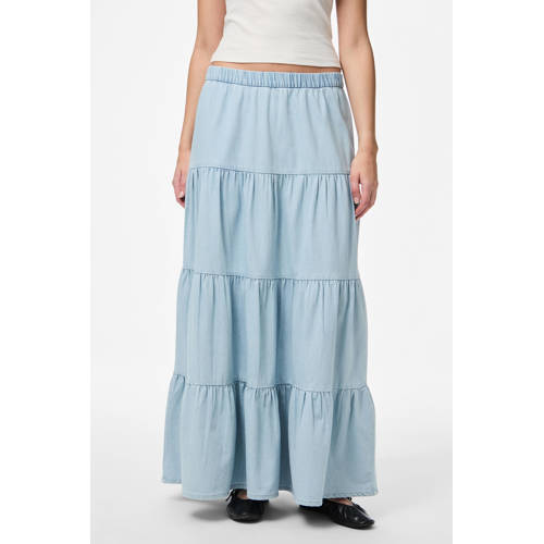 PIECES midi rok light blue denim afbeelding
