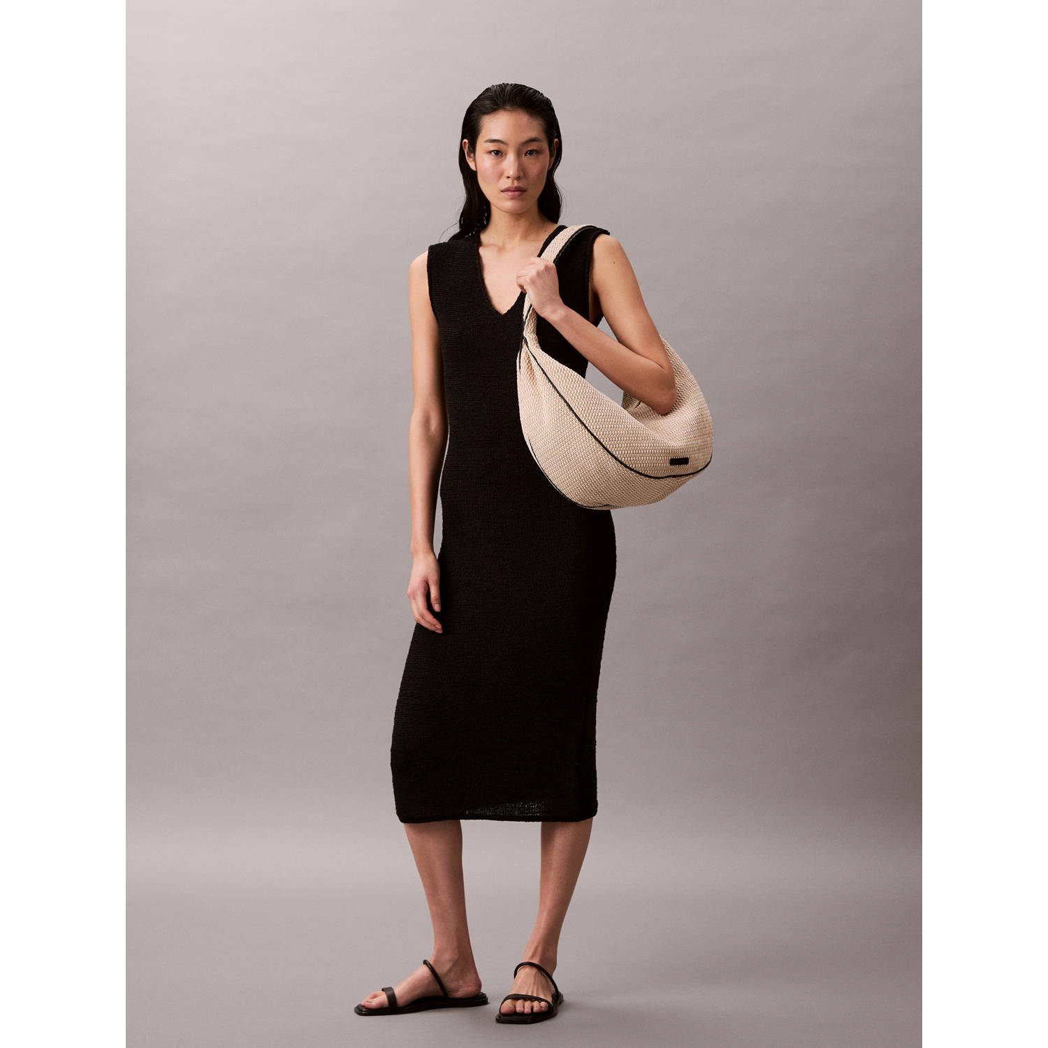 Calvin Klein raffia schoudertas ecru