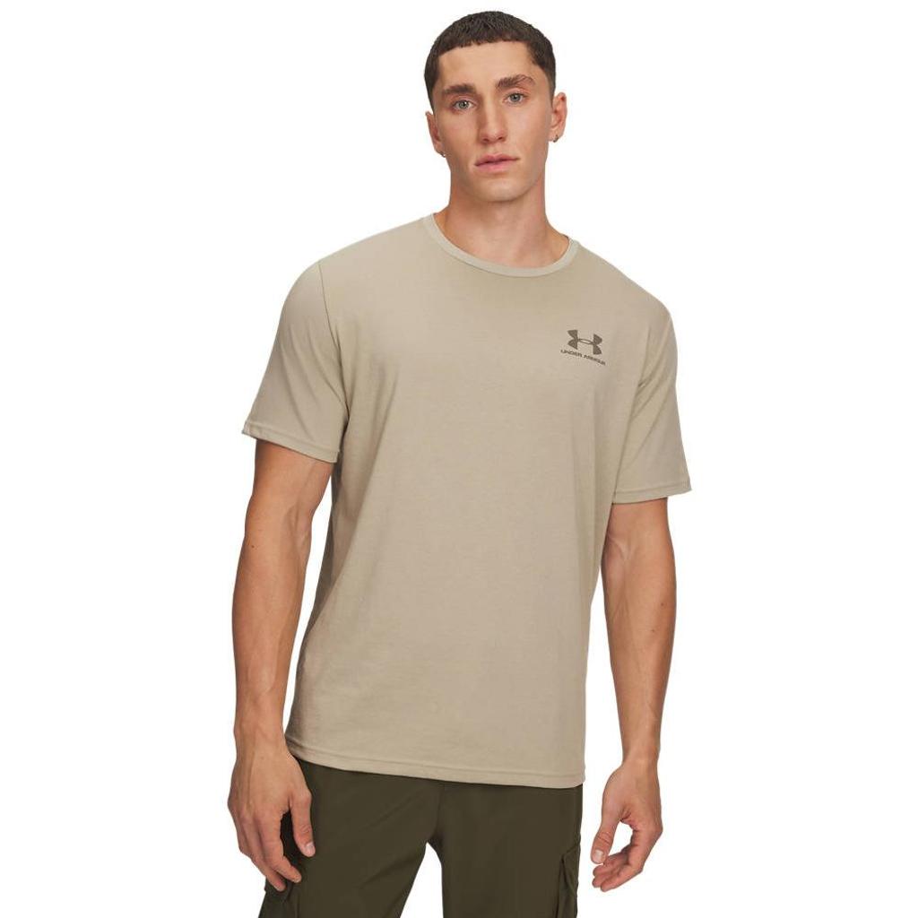 Kakikleurige heren Under Armour T-shirt van katoen met logo dessin en korte mouwen